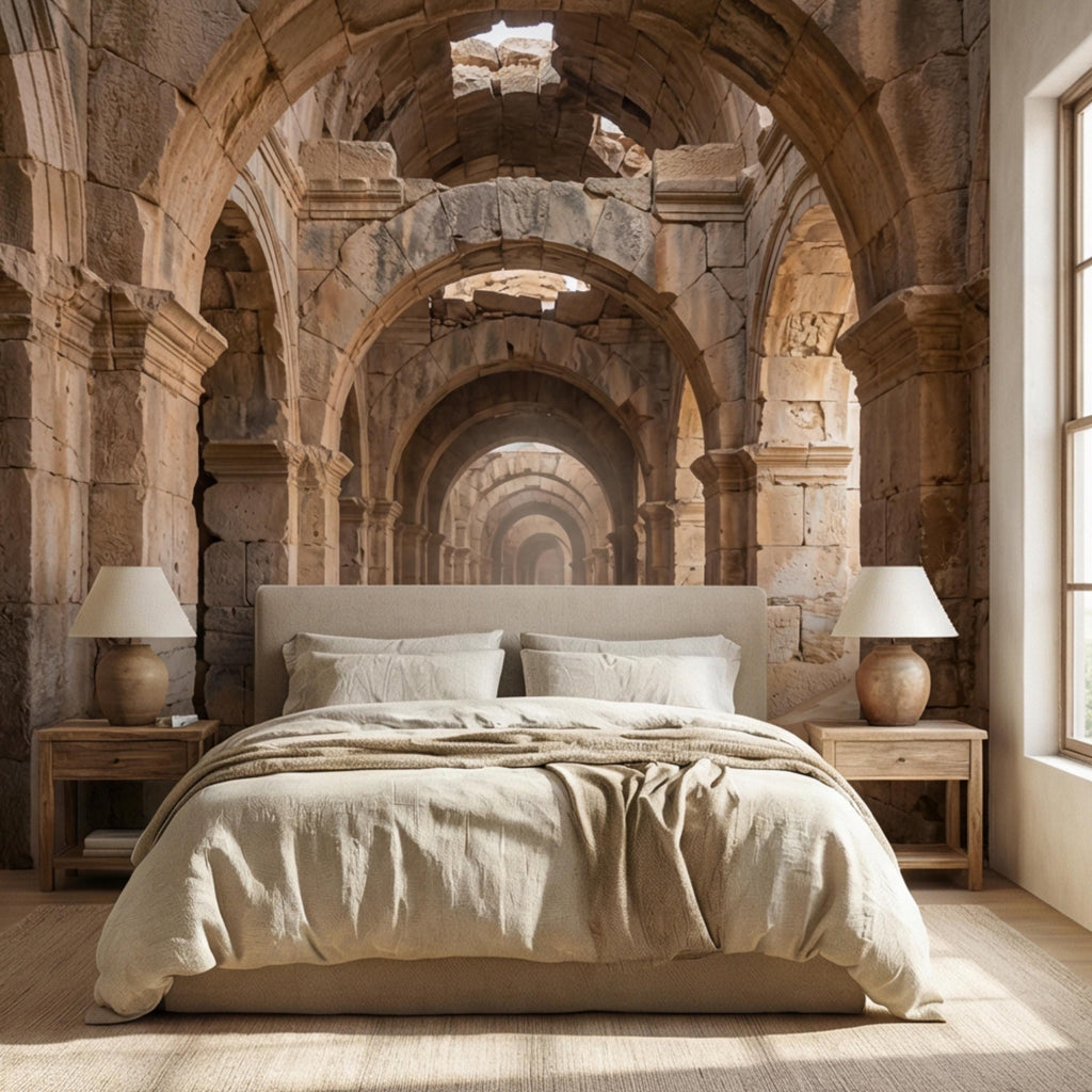 Ancient Roman Archway Ruins Peel and Stick Wall Mural, Old World Stone Corridor Wallpaper