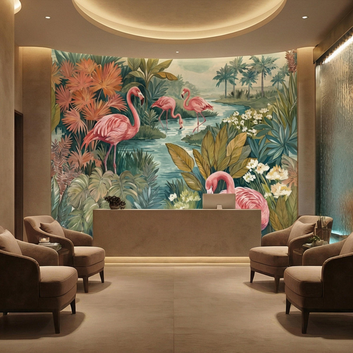 Tropical jungle wall mural with pink flamingos, palm trees, and white blossoms