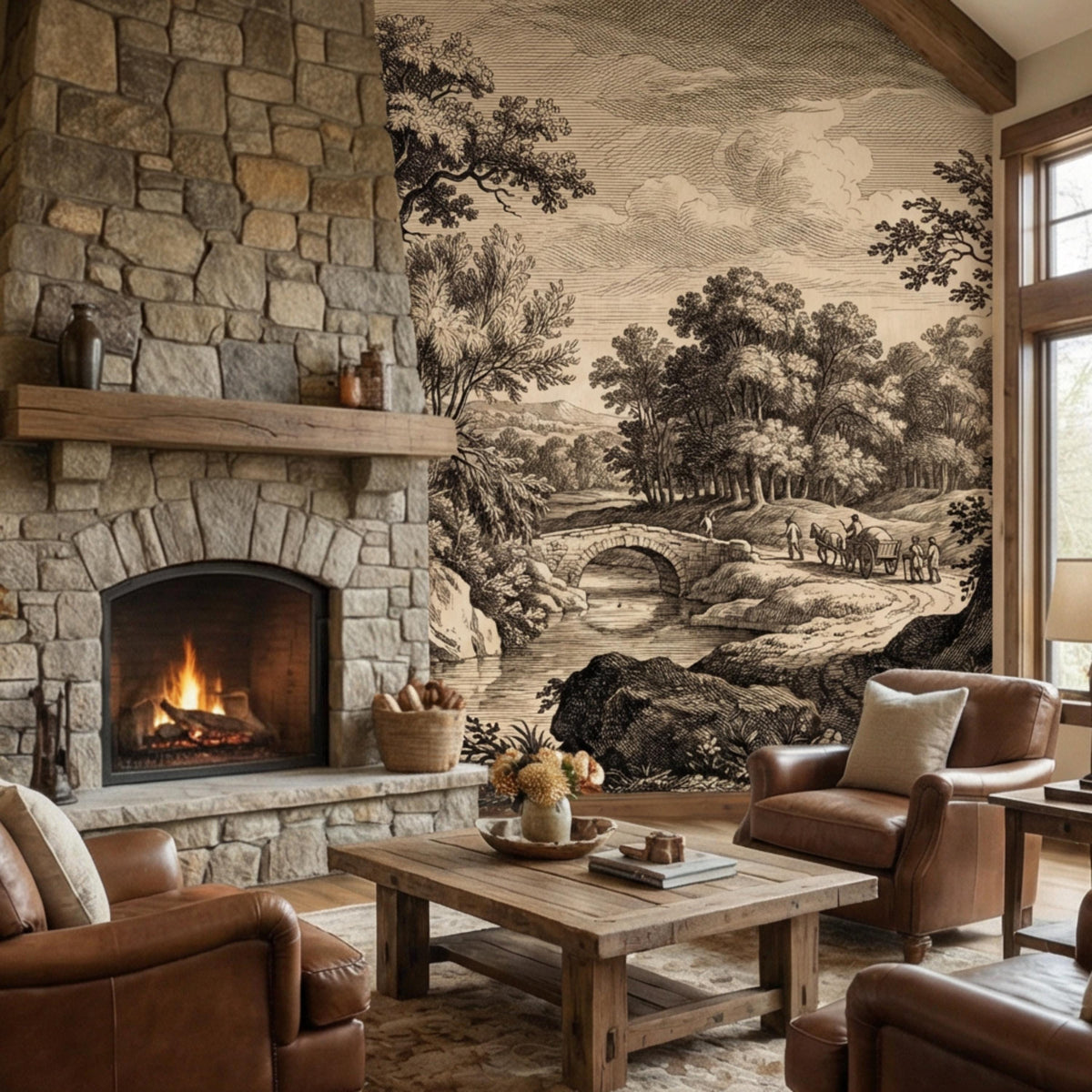 Vintage river landscape wall mural with arched bridge beside fireplace and armchairs