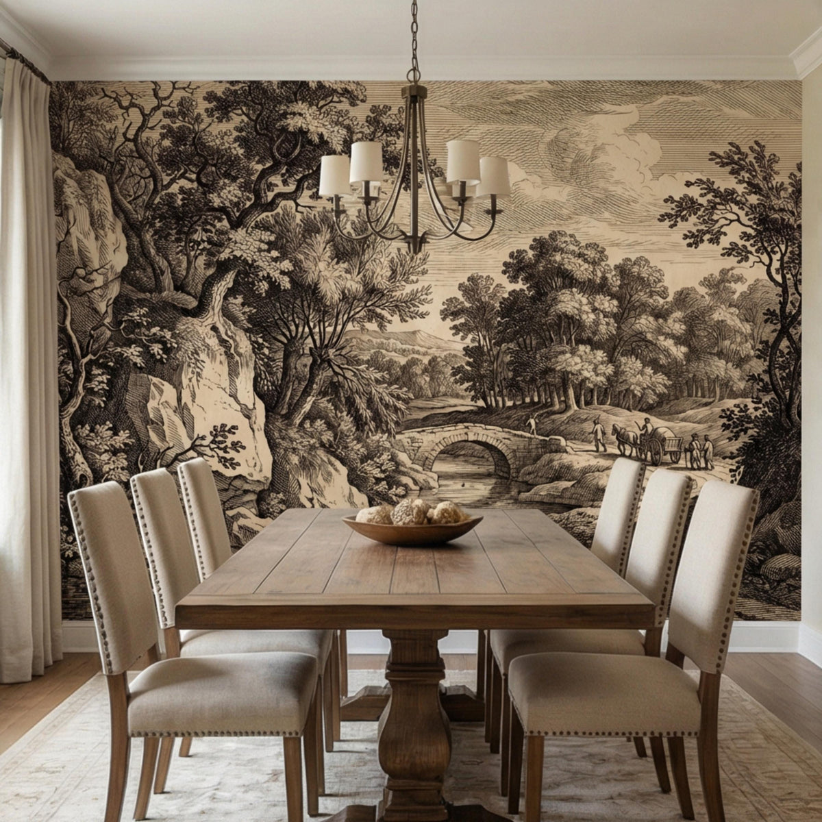 Vintage river landscape wall mural with arched bridge behind a dining set