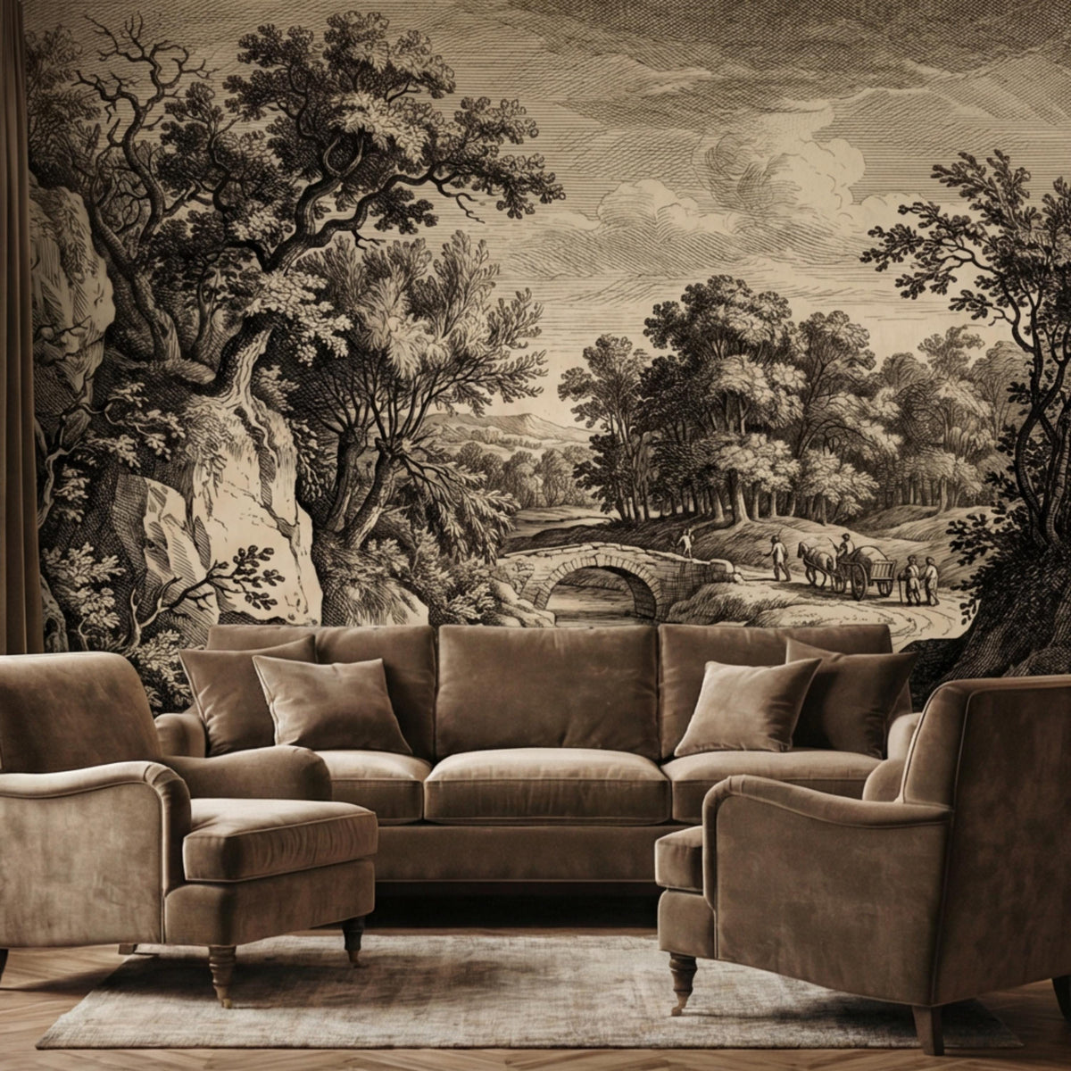 Vintage river landscape wall mural with arched bridge and detailed trees