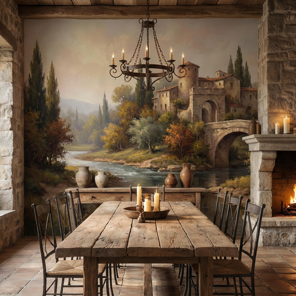 Vintage river landscape wall mural with stone bridge and Italian village buildings