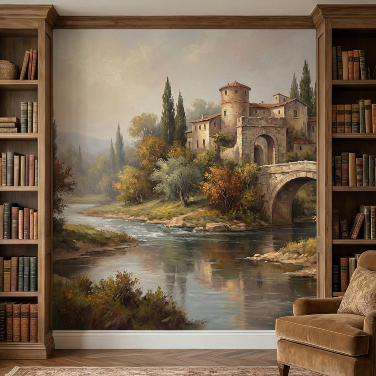Large countryside wall mural showing a river stream, stone bridge, and village buildings