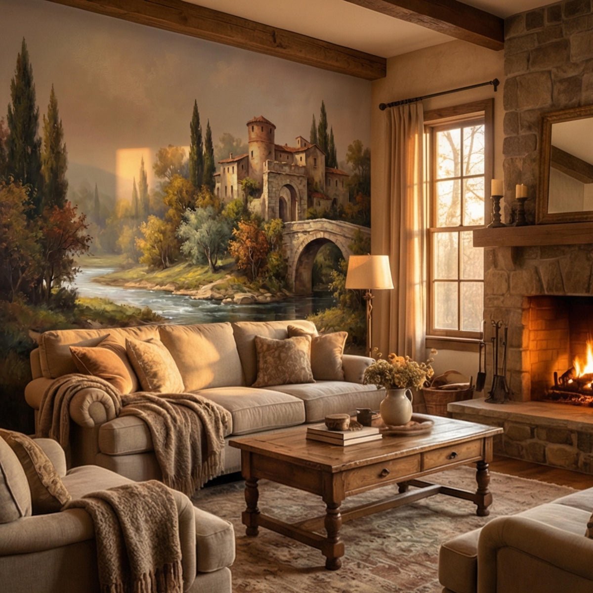 Scenic river wall mural with stone arch bridge and hillside Italian village buildings