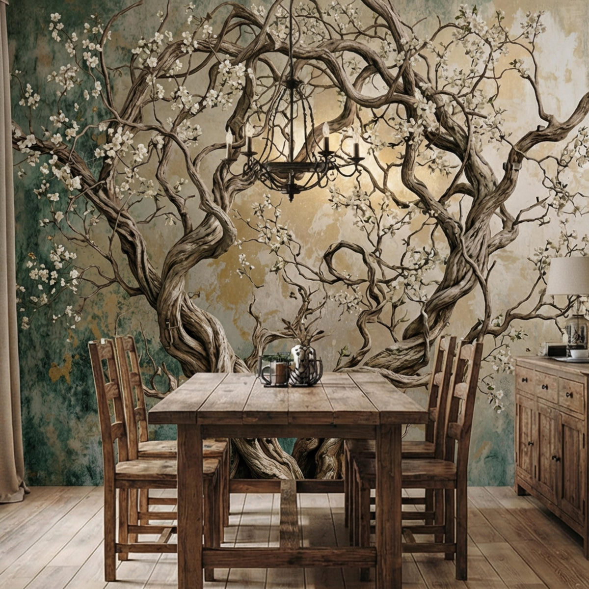 Twisted flowering tree wall mural with dark trunk swirls and small blossoms