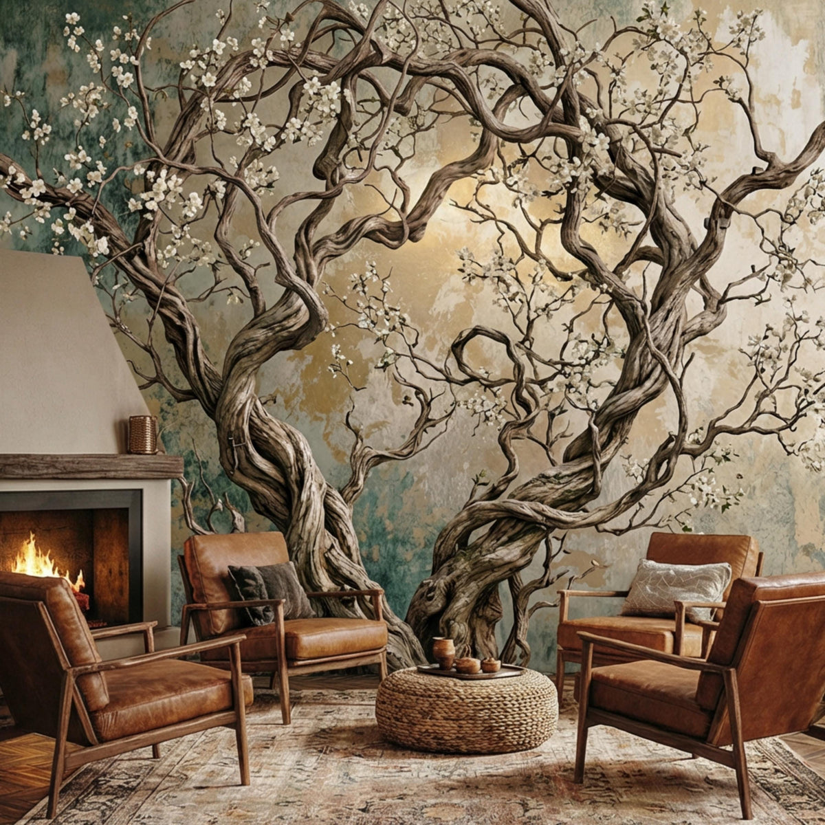 Twisted flowering tree wall mural with beige sky center and scattered blossoms