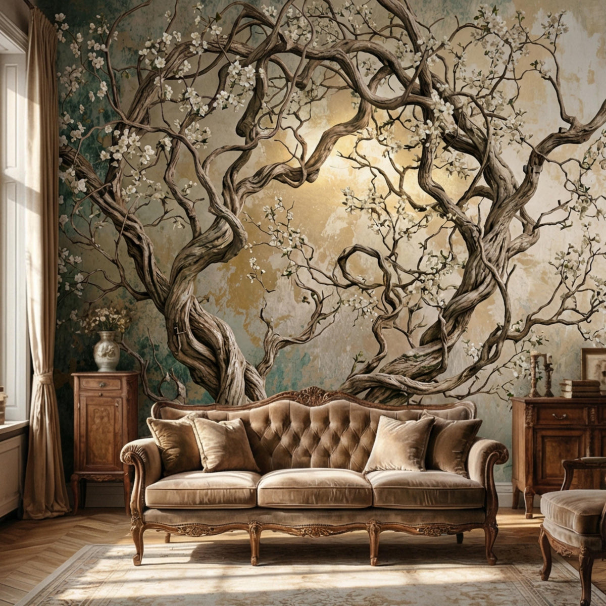 Twisted flowering tree wall mural with ornate branching and light blossoms