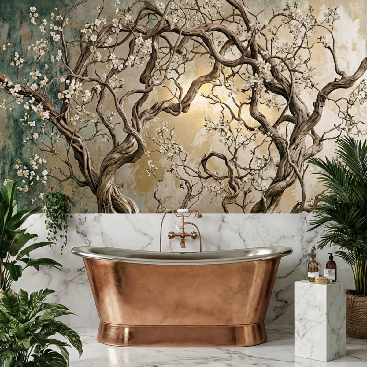 Twisted flowering tree wall mural with blossoms across the full panel