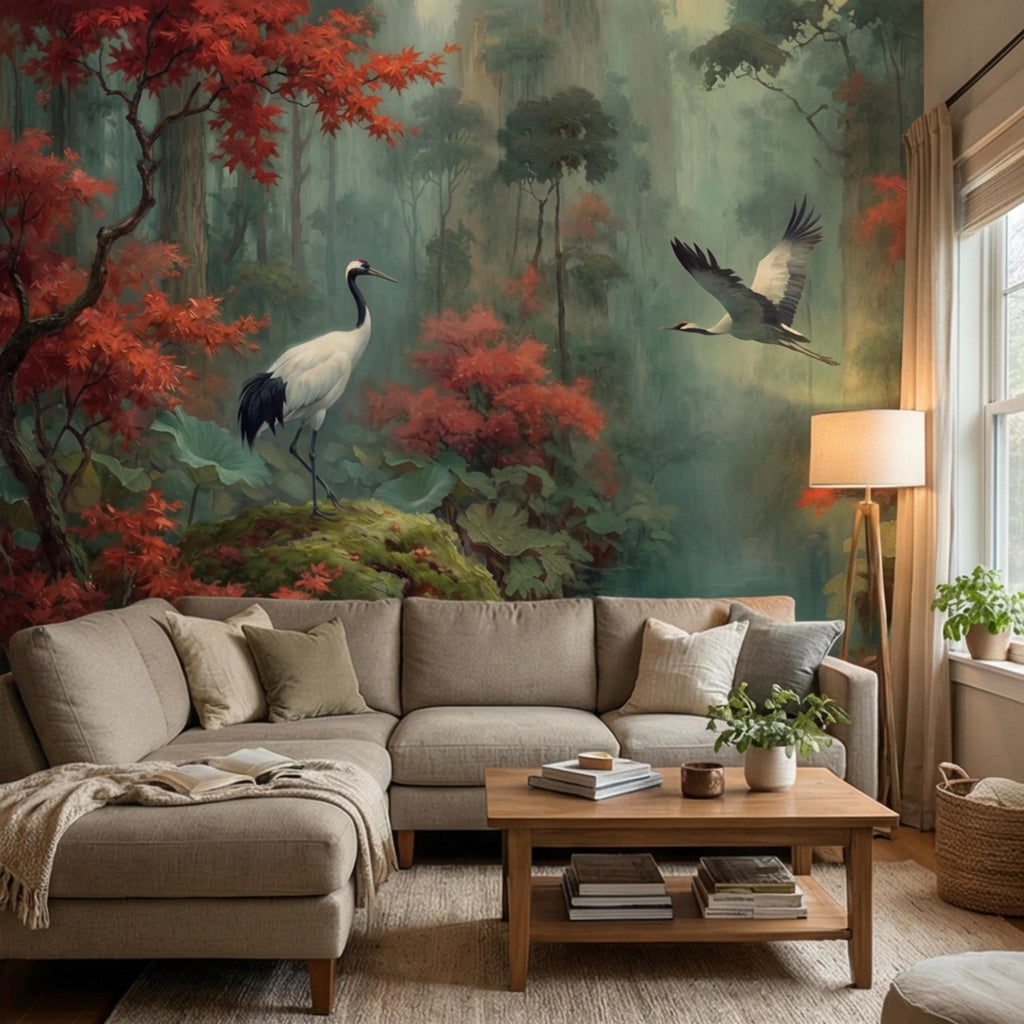 Japanese Crane Misty Forest Serene Lotus Pond with Red Maple Peel and Stick Wall Mural, Oriental Zen Scene Wallpaper