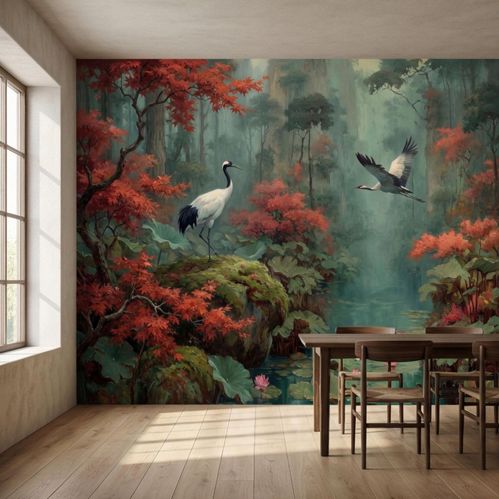 Japanese Crane Misty Forest Serene Lotus Pond with Red Maple Peel and Stick Wall Mural, Oriental Zen Scene Wallpaper