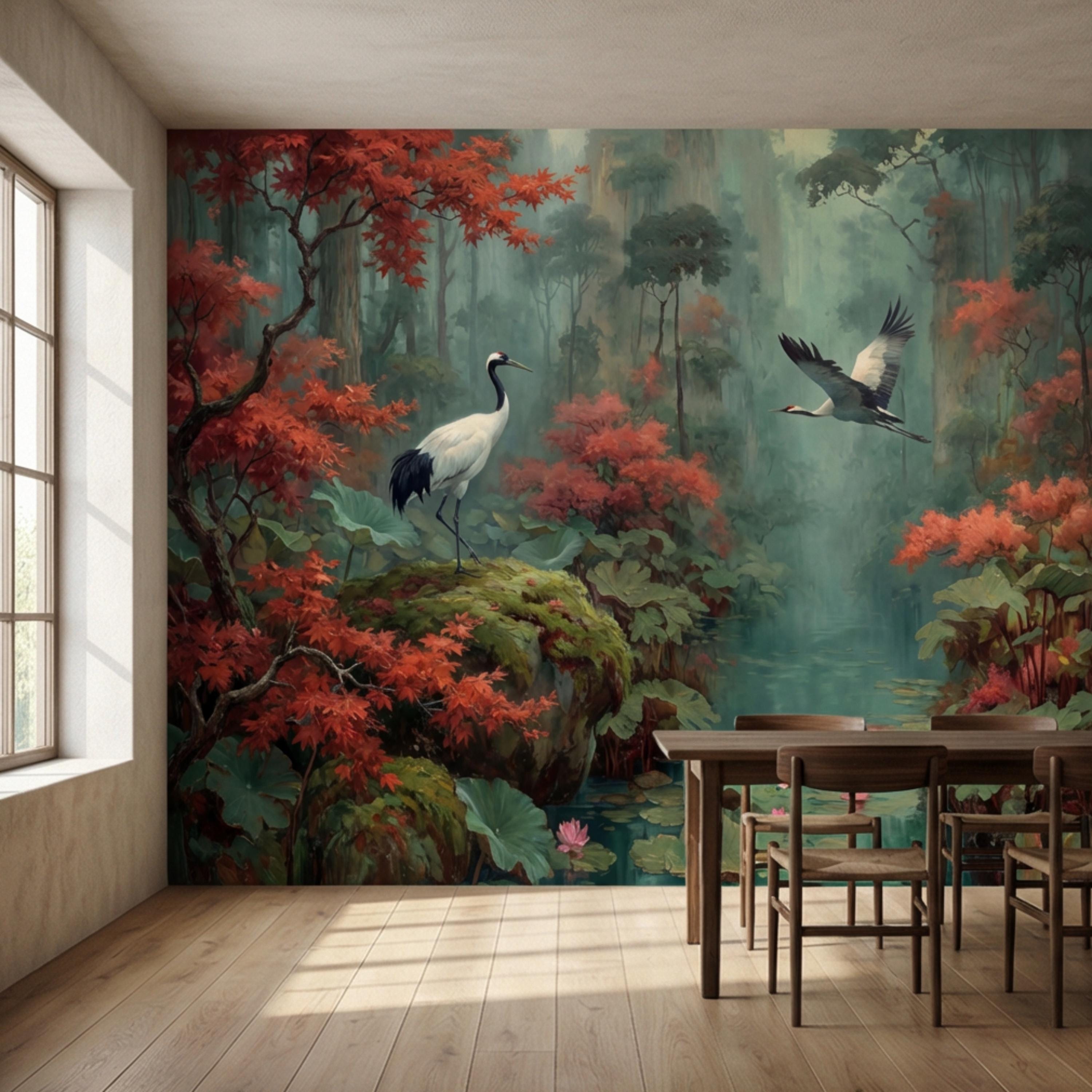 Japanese Crane Misty Forest Serene Lotus Pond with Red Maple Peel and Stick Wall Mural, Oriental Zen Scene Wallpaper