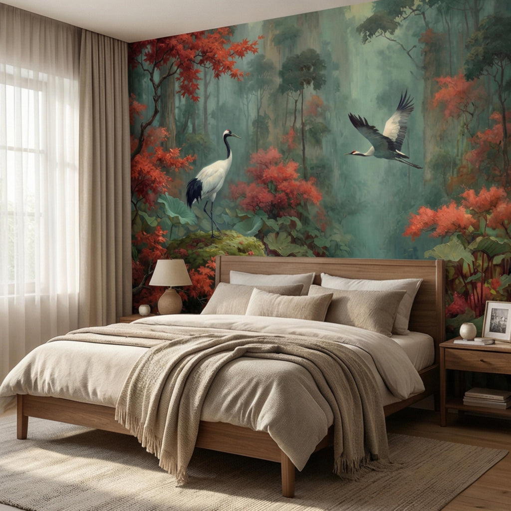 Japanese Crane Misty Forest Serene Lotus Pond with Red Maple Peel and Stick Wall Mural, Oriental Zen Scene Wallpaper