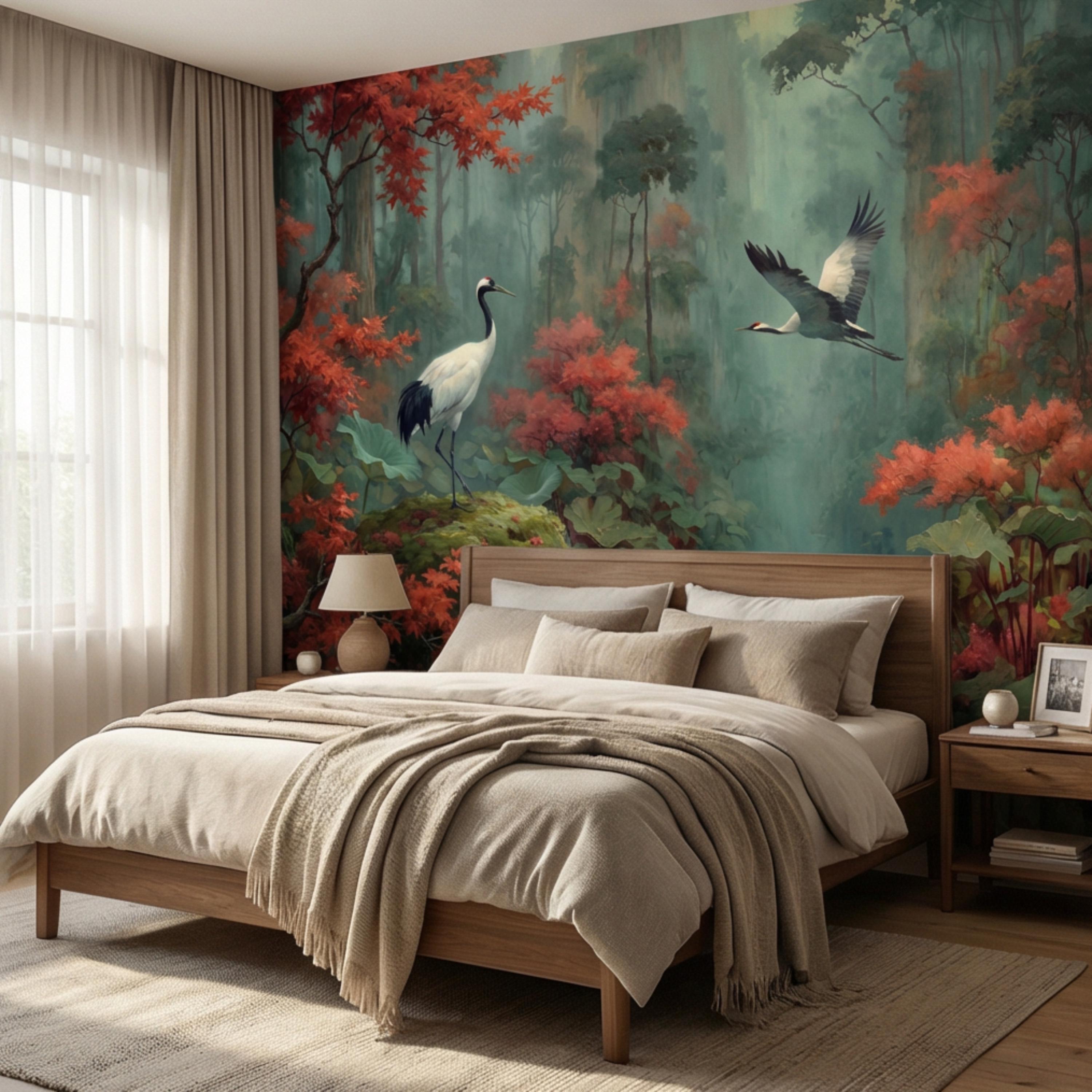 Japanese Crane Misty Forest Serene Lotus Pond with Red Maple Peel and Stick Wall Mural, Oriental Zen Scene Wallpaper