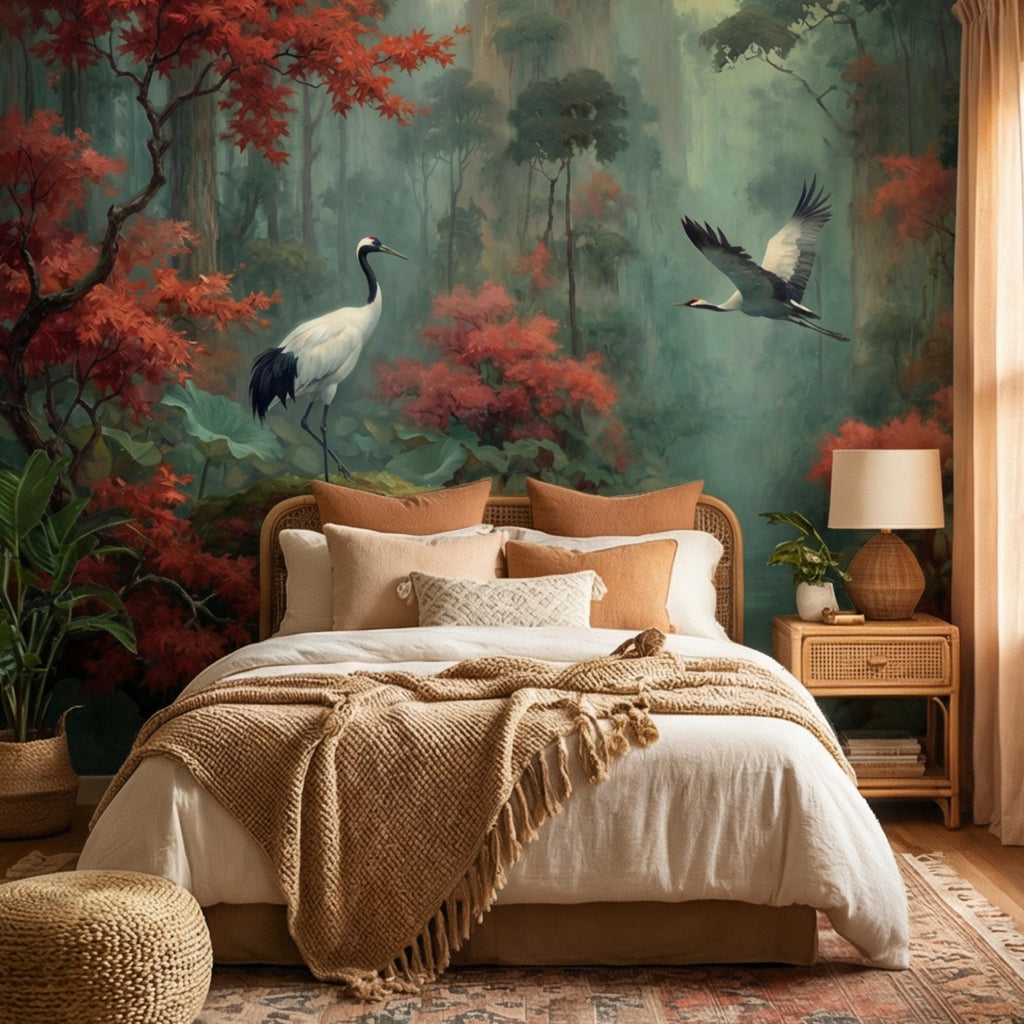 Japanese Crane Misty Forest Serene Lotus Pond with Red Maple Peel and Stick Wall Mural, Oriental Zen Scene Wallpaper