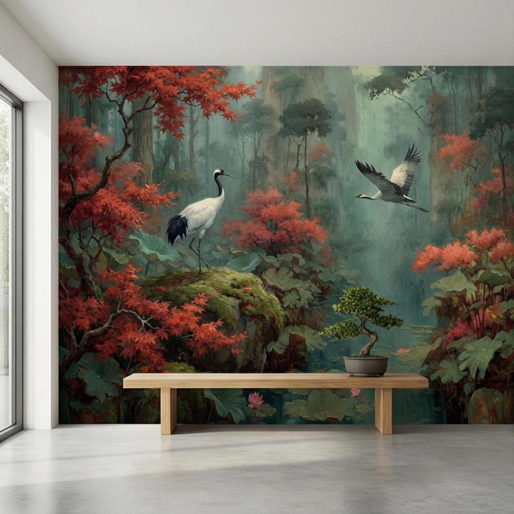 Japanese Crane Misty Forest Serene Lotus Pond with Red Maple Peel and Stick Wall Mural, Oriental Zen Scene Wallpaper