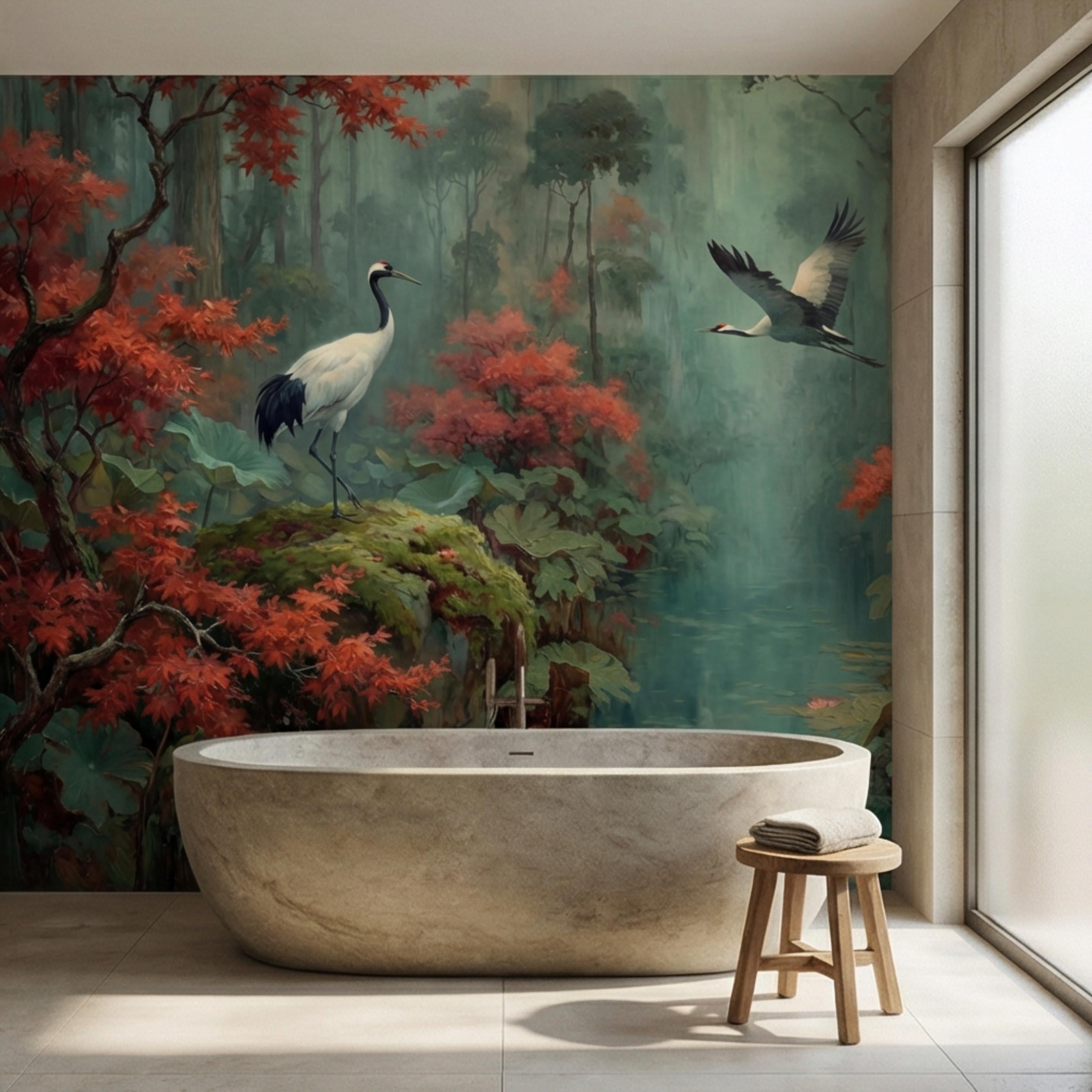 Japanese Crane Misty Forest Serene Lotus Pond with Red Maple Peel and Stick Wall Mural, Oriental Zen Scene Wallpaper