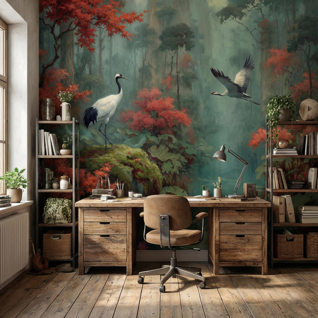 Japanese Crane Misty Forest Serene Lotus Pond with Red Maple Peel and Stick Wall Mural, Oriental Zen Scene Wallpaper