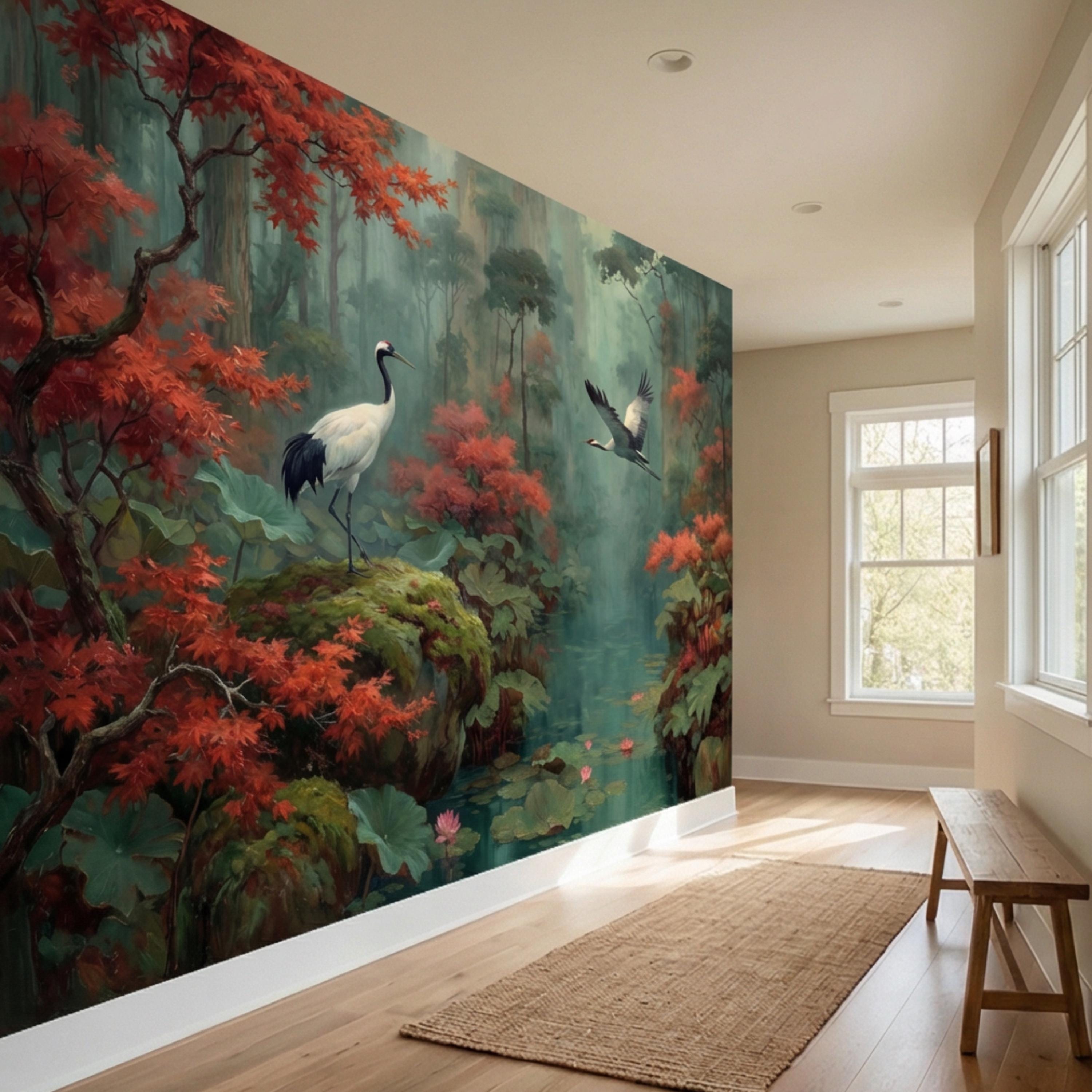 Japanese Crane Misty Forest Serene Lotus Pond with Red Maple Peel and Stick Wall Mural, Oriental Zen Scene Wallpaper