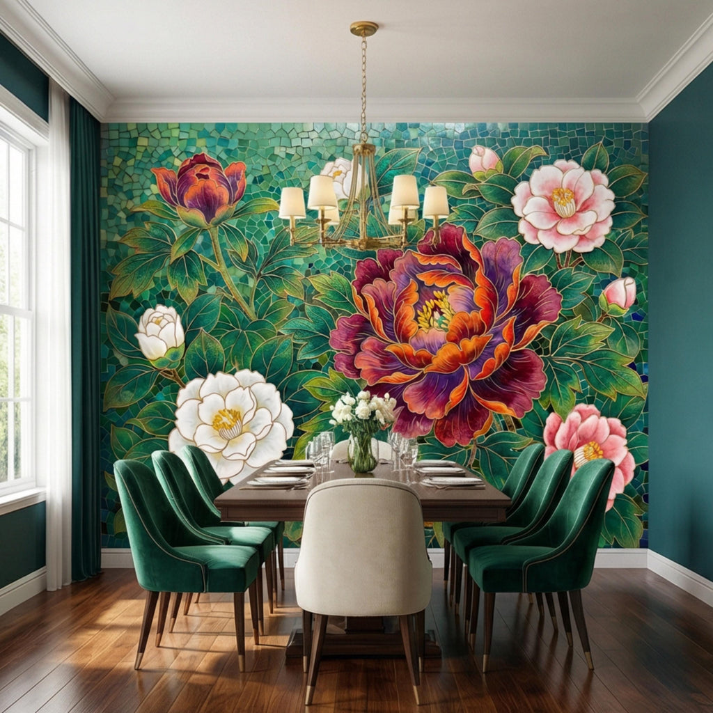 Art Nouveau Emerald Peony Mosaic Peel and Stick Wall Mural, Ornamental Floral Botanical Wallpaper