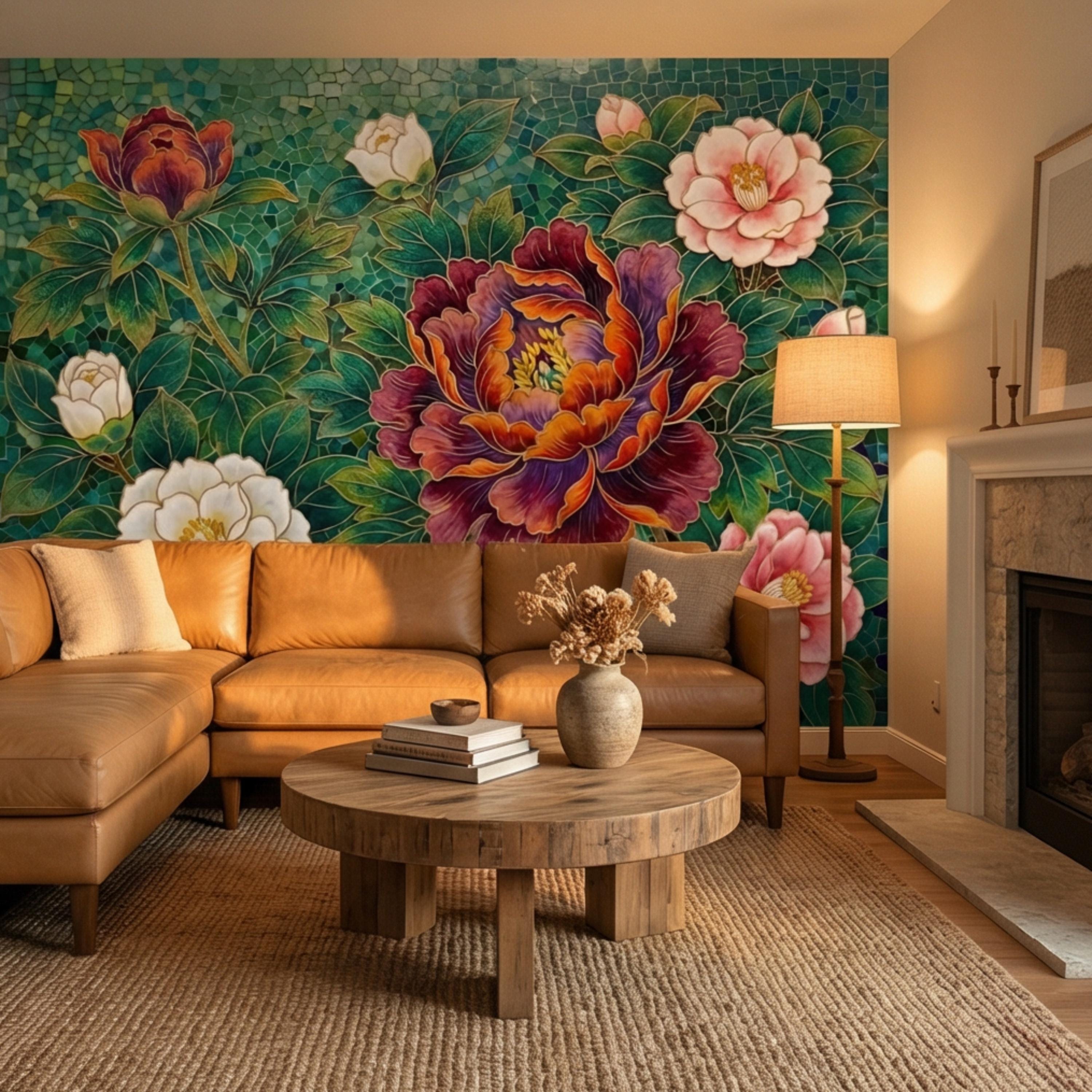 Art Nouveau Emerald Peony Mosaic Peel and Stick Wall Mural, Ornamental Floral Botanical Wallpaper