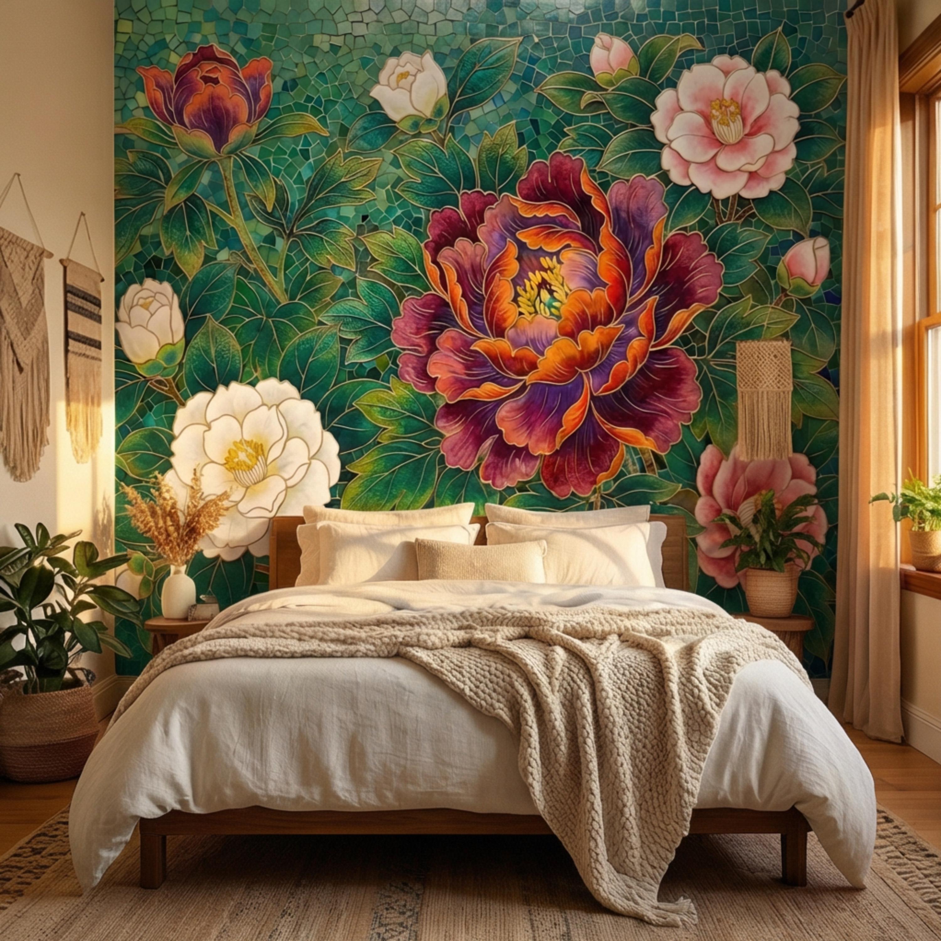 Art Nouveau Emerald Peony Mosaic Peel and Stick Wall Mural, Ornamental Floral Botanical Wallpaper