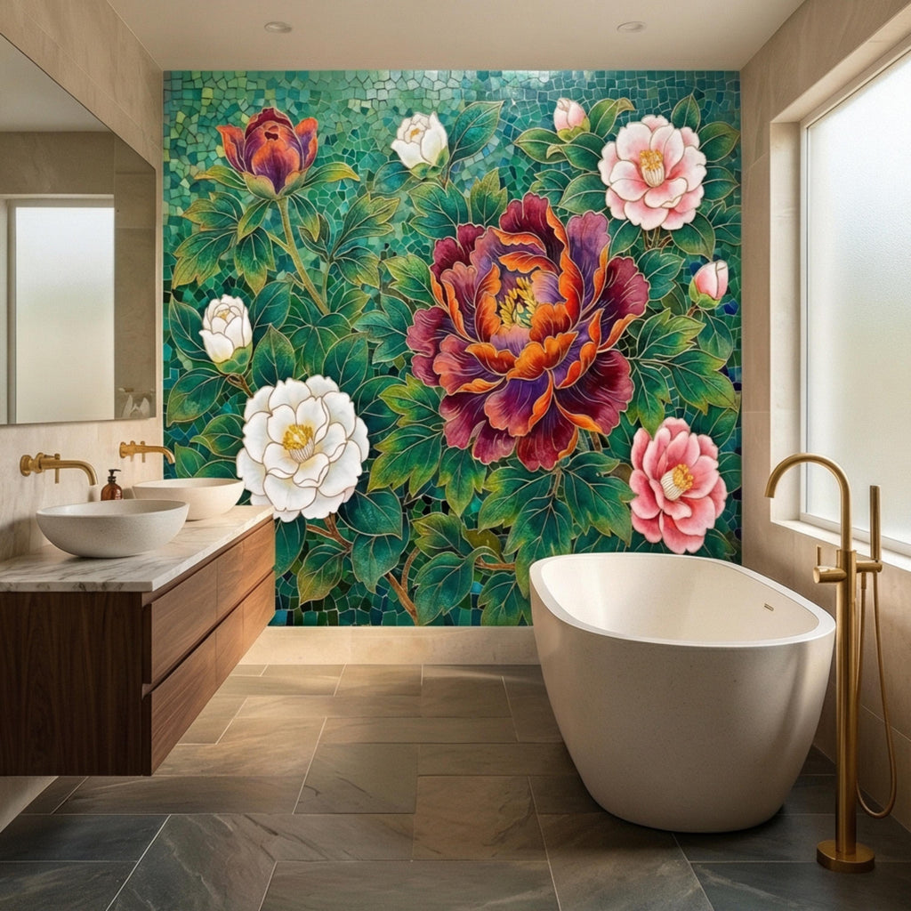 Art Nouveau Emerald Peony Mosaic Peel and Stick Wall Mural, Ornamental Floral Botanical Wallpaper