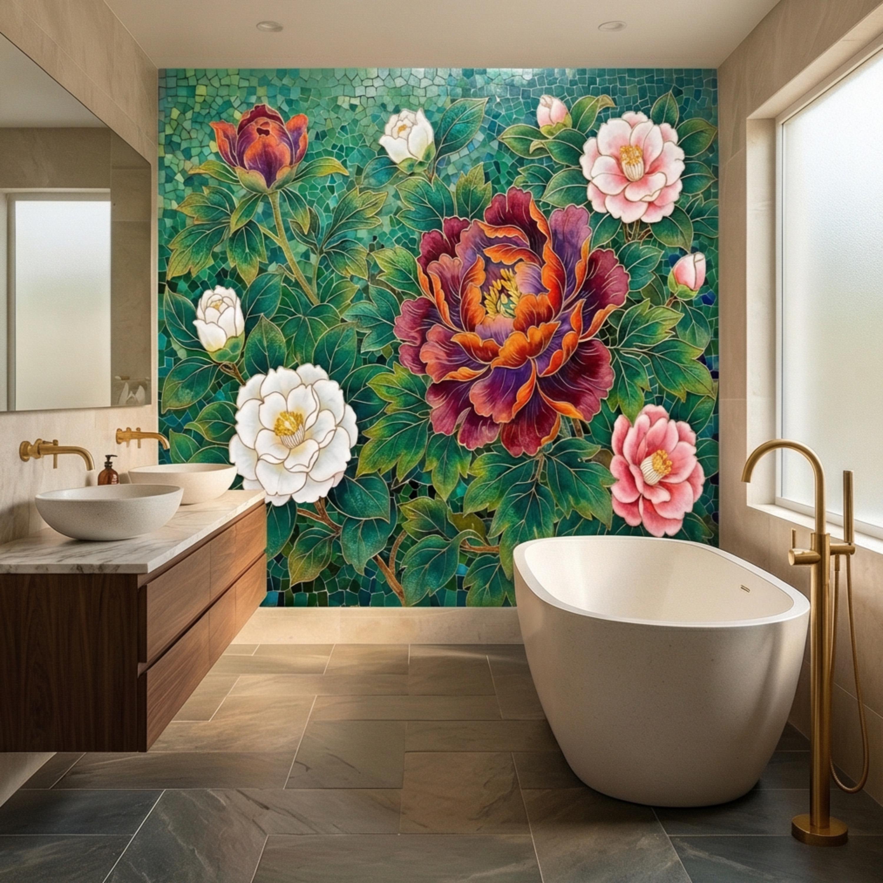 Art Nouveau Emerald Peony Mosaic Peel and Stick Wall Mural, Ornamental Floral Botanical Wallpaper
