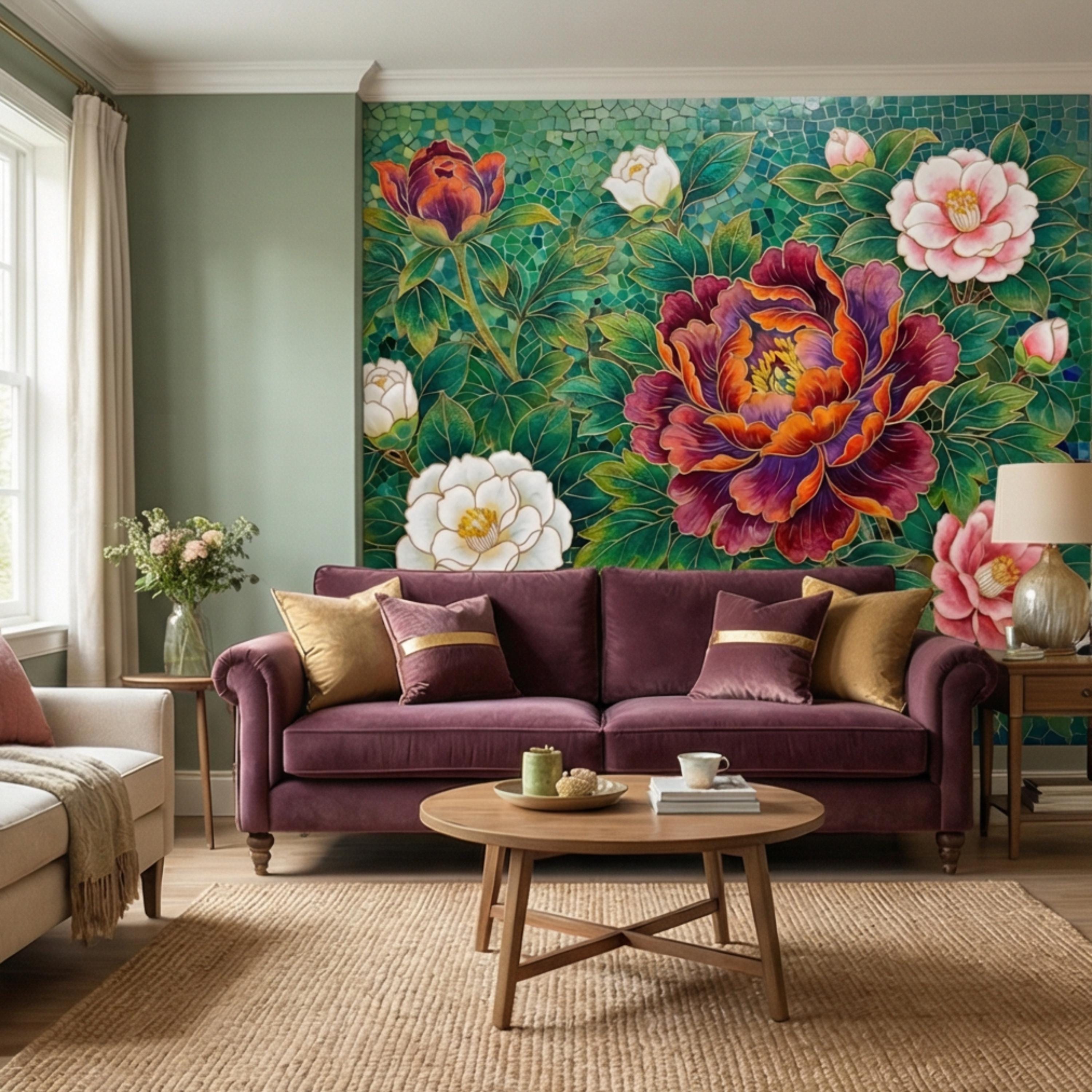 Art Nouveau Emerald Peony Mosaic Peel and Stick Wall Mural, Ornamental Floral Botanical Wallpaper