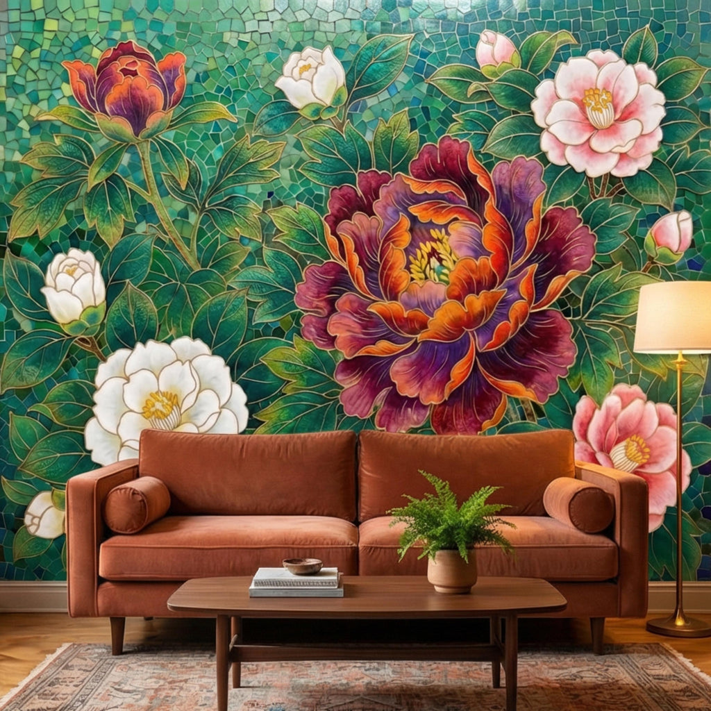 Art Nouveau Emerald Peony Mosaic Peel and Stick Wall Mural, Ornamental Floral Botanical Wallpaper