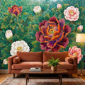 Art Nouveau Emerald Peony Mosaic Peel and Stick Wall Mural, Ornamental Floral Botanical Wallpaper
