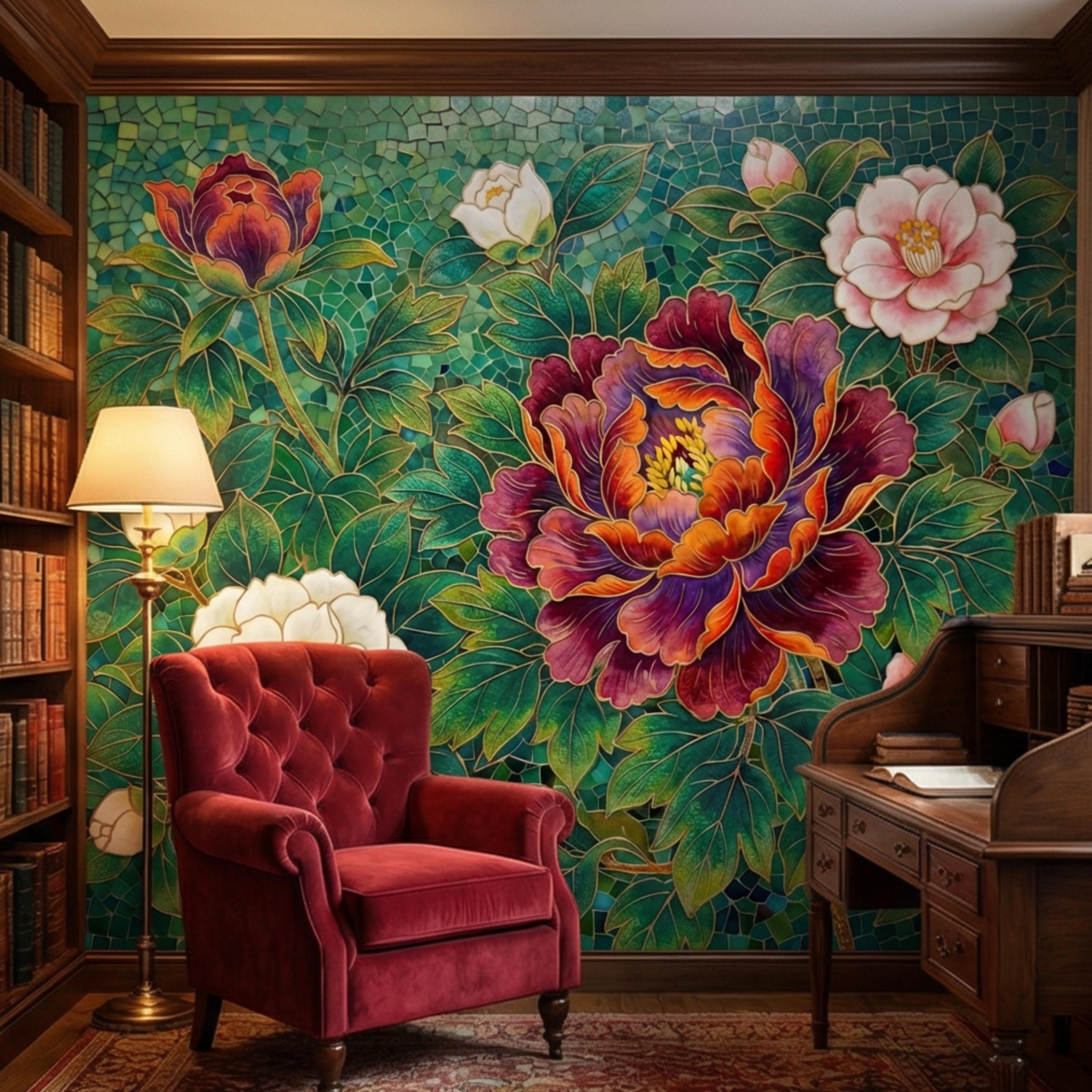 Art Nouveau Emerald Peony Mosaic Peel and Stick Wall Mural, Ornamental Floral Botanical Wallpaper