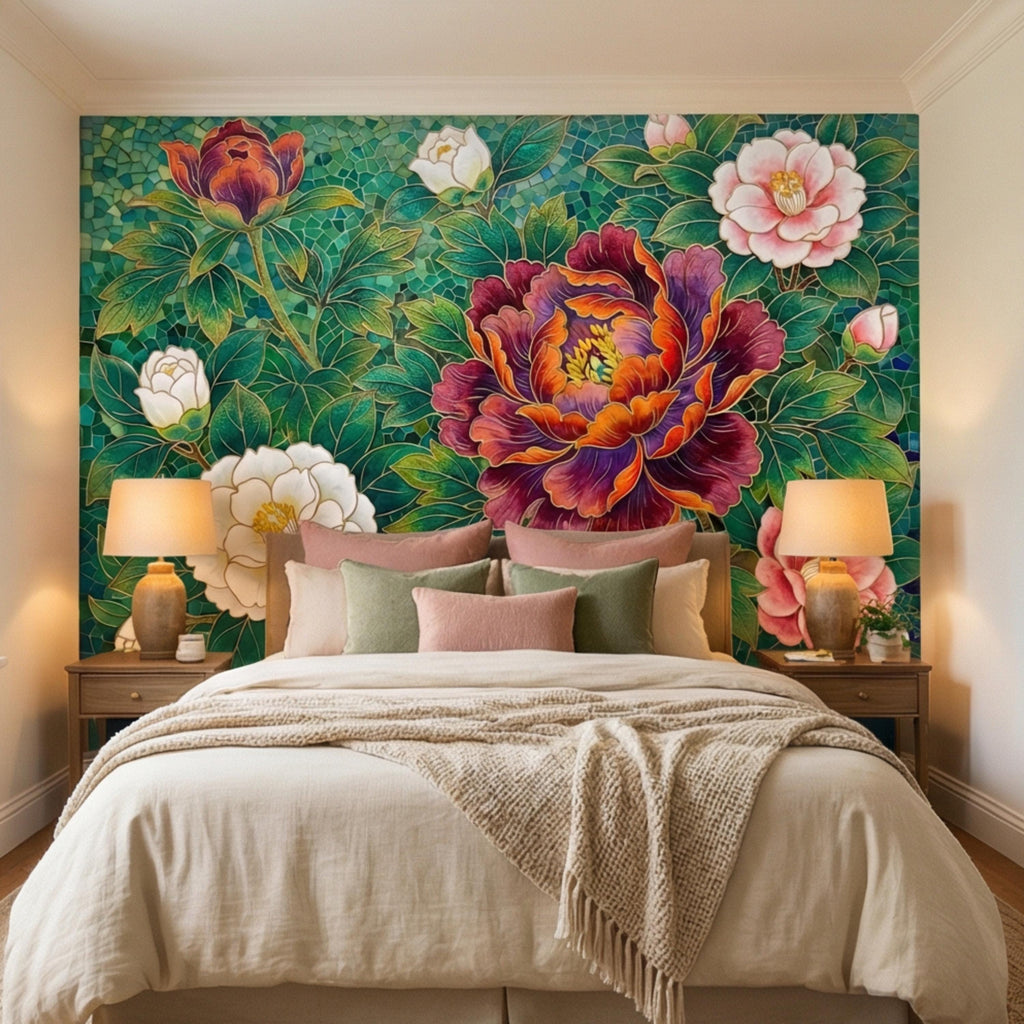 Art Nouveau Emerald Peony Mosaic Peel and Stick Wall Mural, Ornamental Floral Botanical Wallpaper