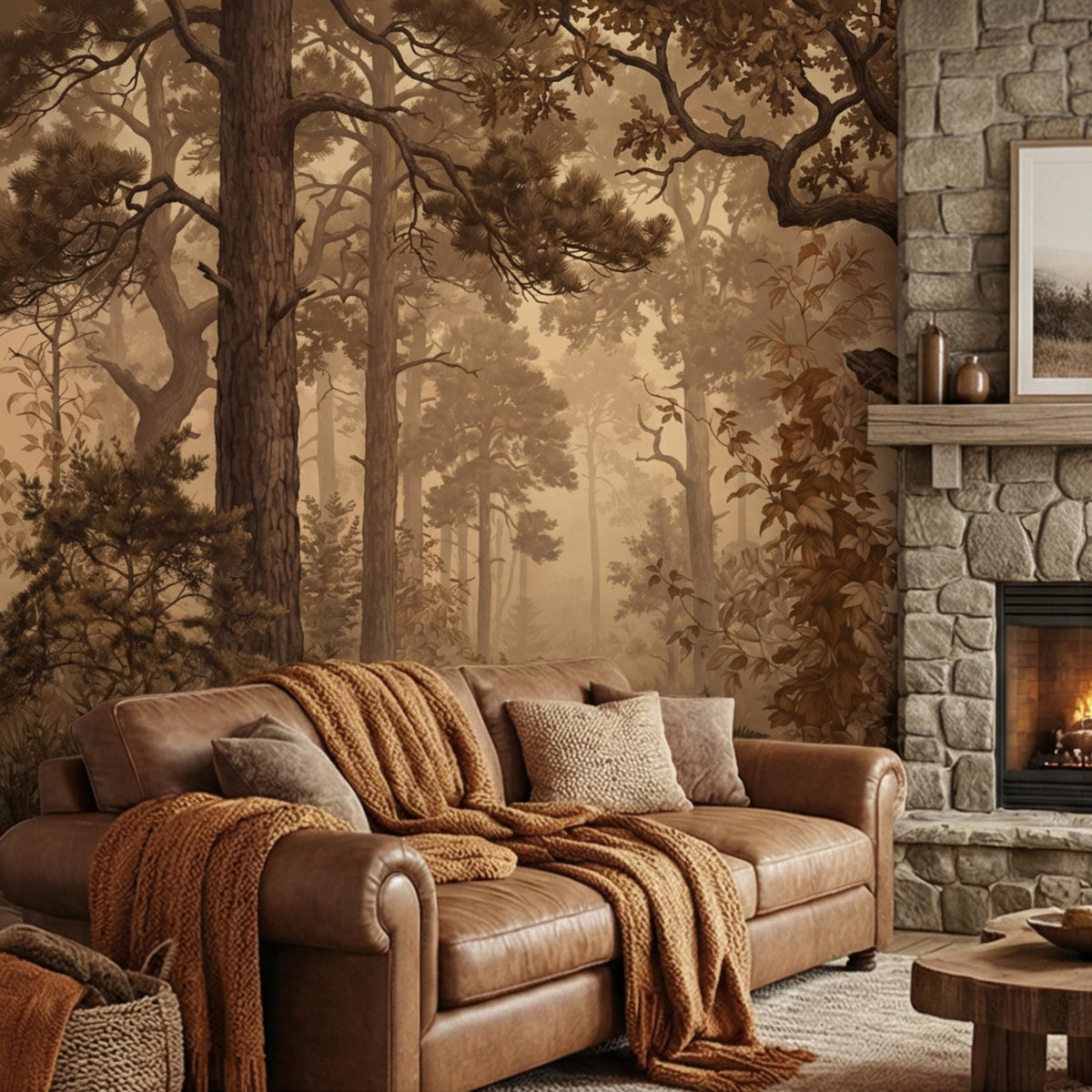 Autumn forest wall mural with tree trunks, golden leaves, and misty background haze