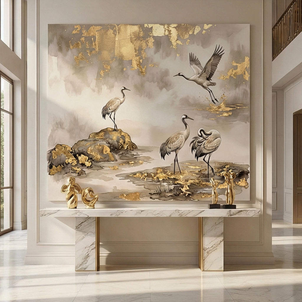 Luxury Neutral Chinoiserie Crane Peel and Stick Wall Mural, Elegant Asian Ink Wash Bird Wallpaper, Sophisticated Nature Wall Decor