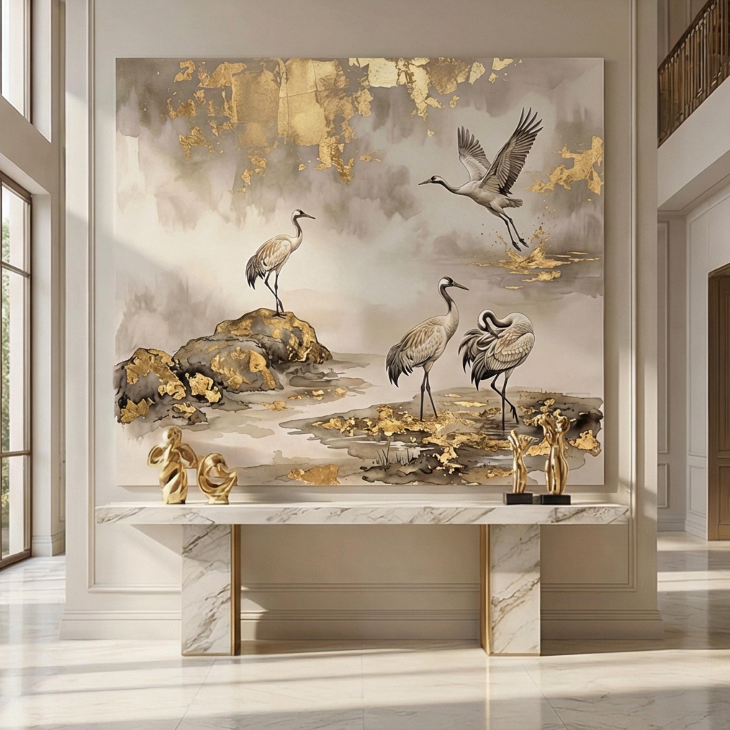 Luxury Neutral Chinoiserie Crane Peel and Stick Wall Mural, Elegant Asian Ink Wash Bird Wallpaper, Sophisticated Nature Wall Decor