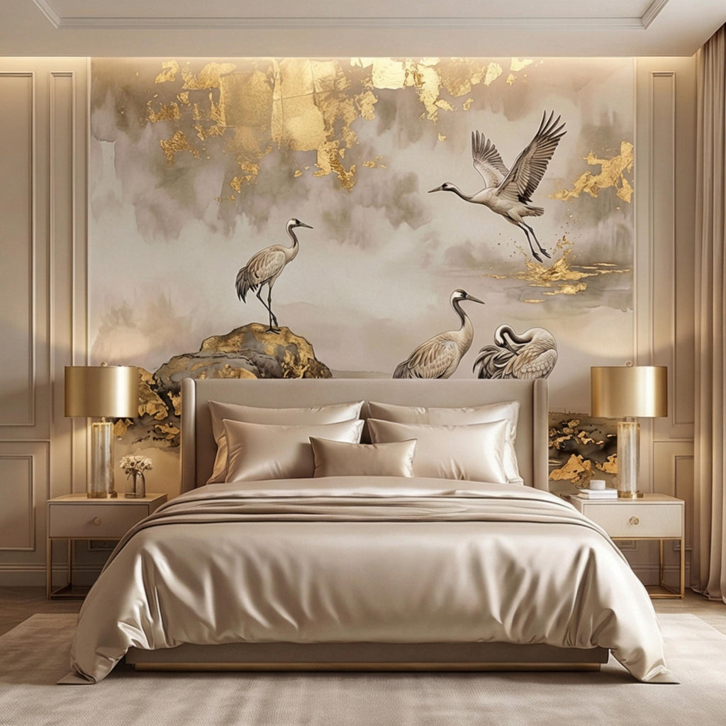 Luxury Neutral Chinoiserie Crane Peel and Stick Wall Mural, Elegant Asian Ink Wash Bird Wallpaper, Sophisticated Nature Wall Decor
