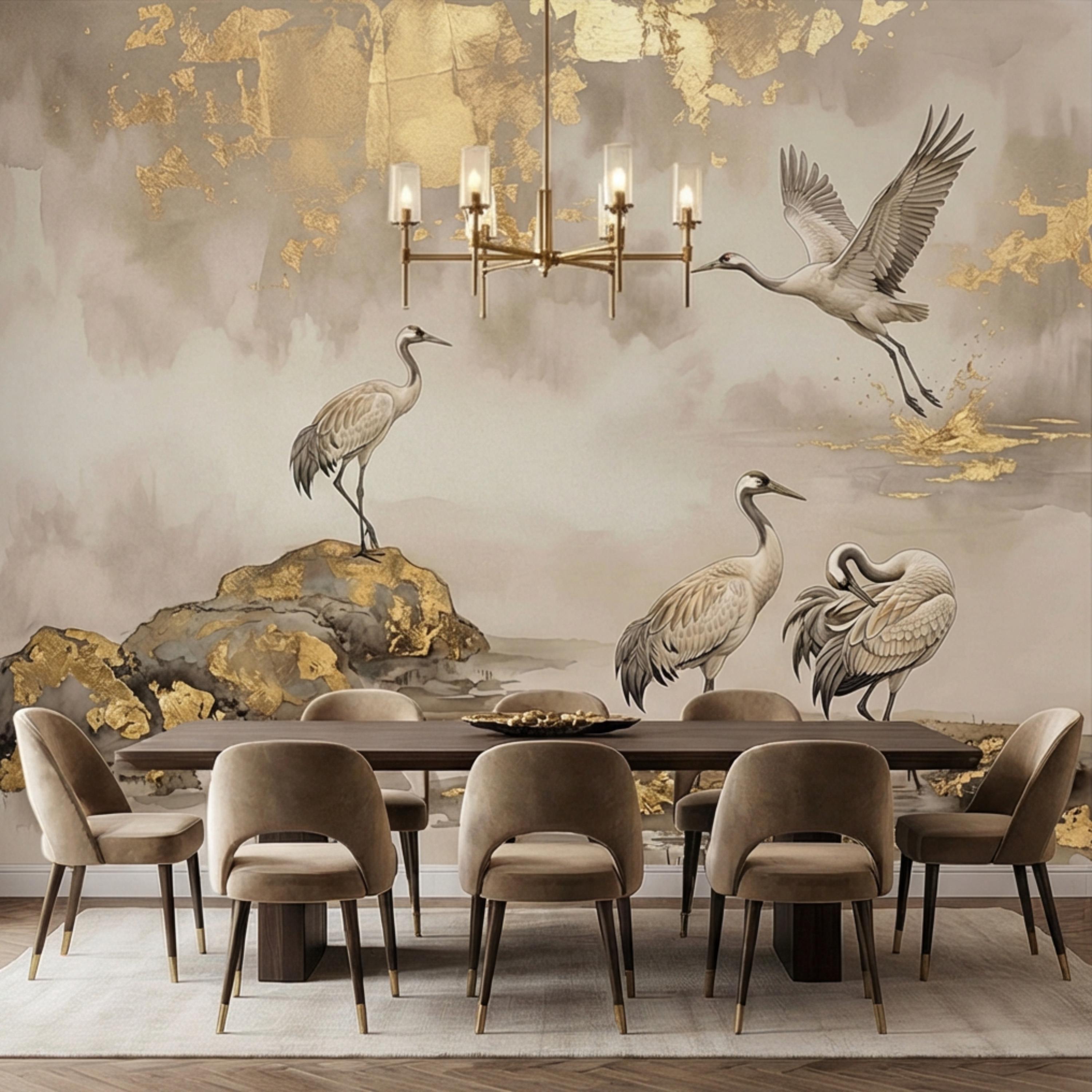 Luxury Neutral Chinoiserie Crane Peel and Stick Wall Mural, Elegant Asian Ink Wash Bird Wallpaper, Sophisticated Nature Wall Decor