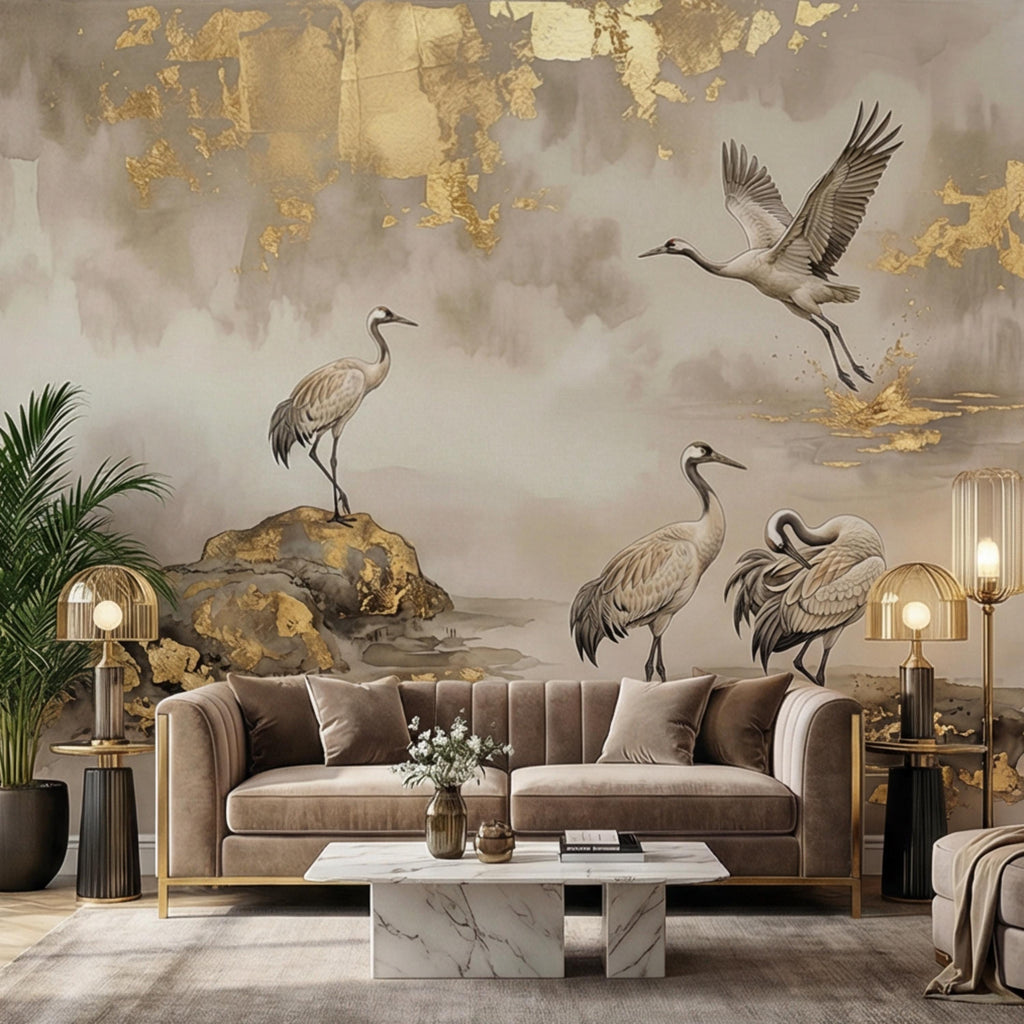 Luxury Neutral Chinoiserie Crane Peel and Stick Wall Mural, Elegant Asian Ink Wash Bird Wallpaper, Sophisticated Nature Wall Decor