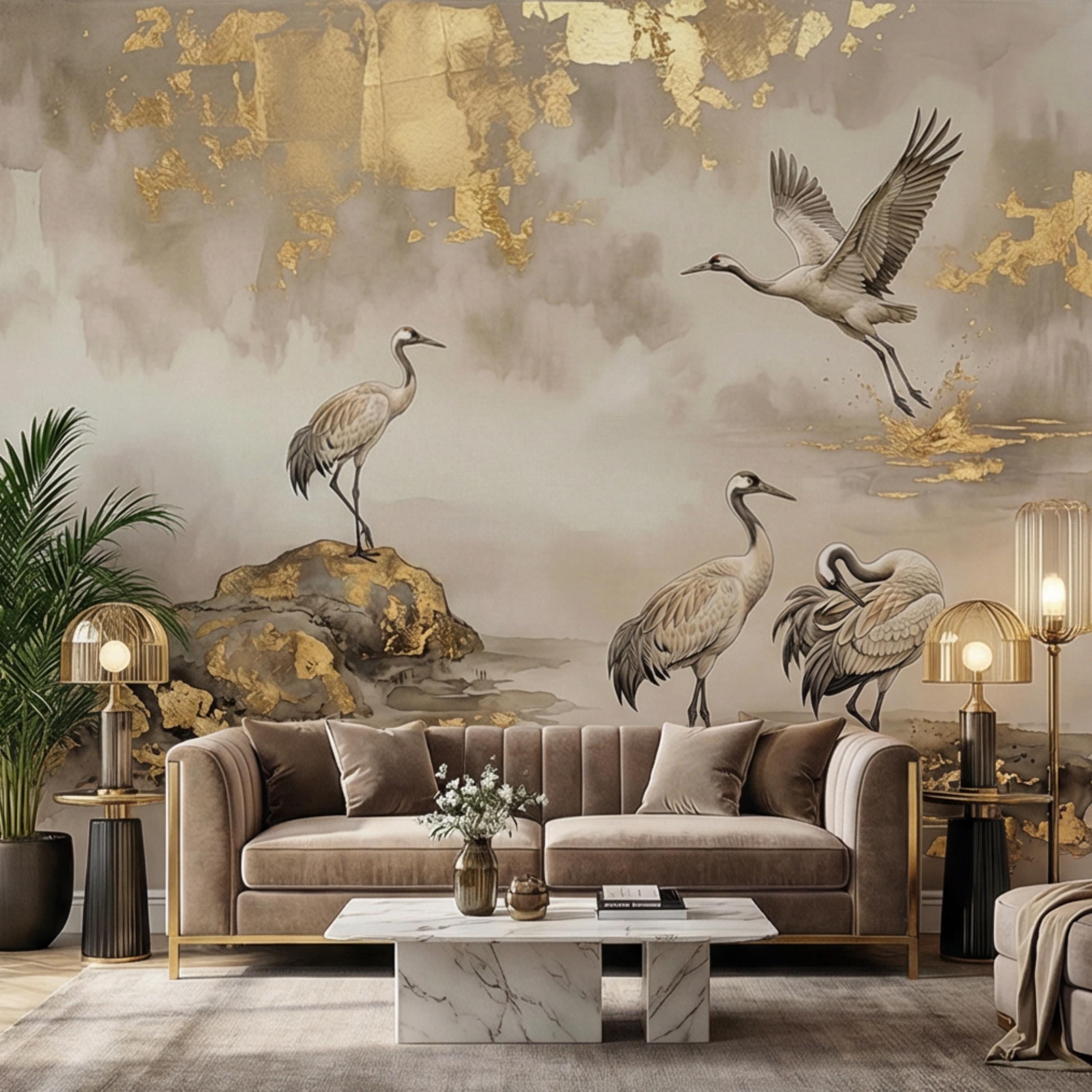 Luxury Neutral Chinoiserie Crane Peel and Stick Wall Mural, Elegant Asian Ink Wash Bird Wallpaper, Sophisticated Nature Wall Decor