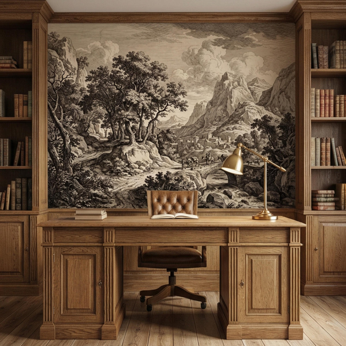 Vintage mountain village wall mural panel with bridge across rocky valley