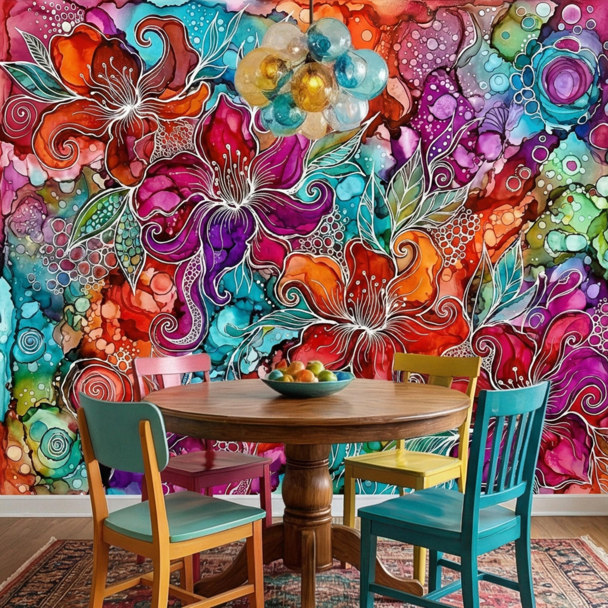 Colorful abstract floral wall mural with bold purple and orange flowers behind dining table