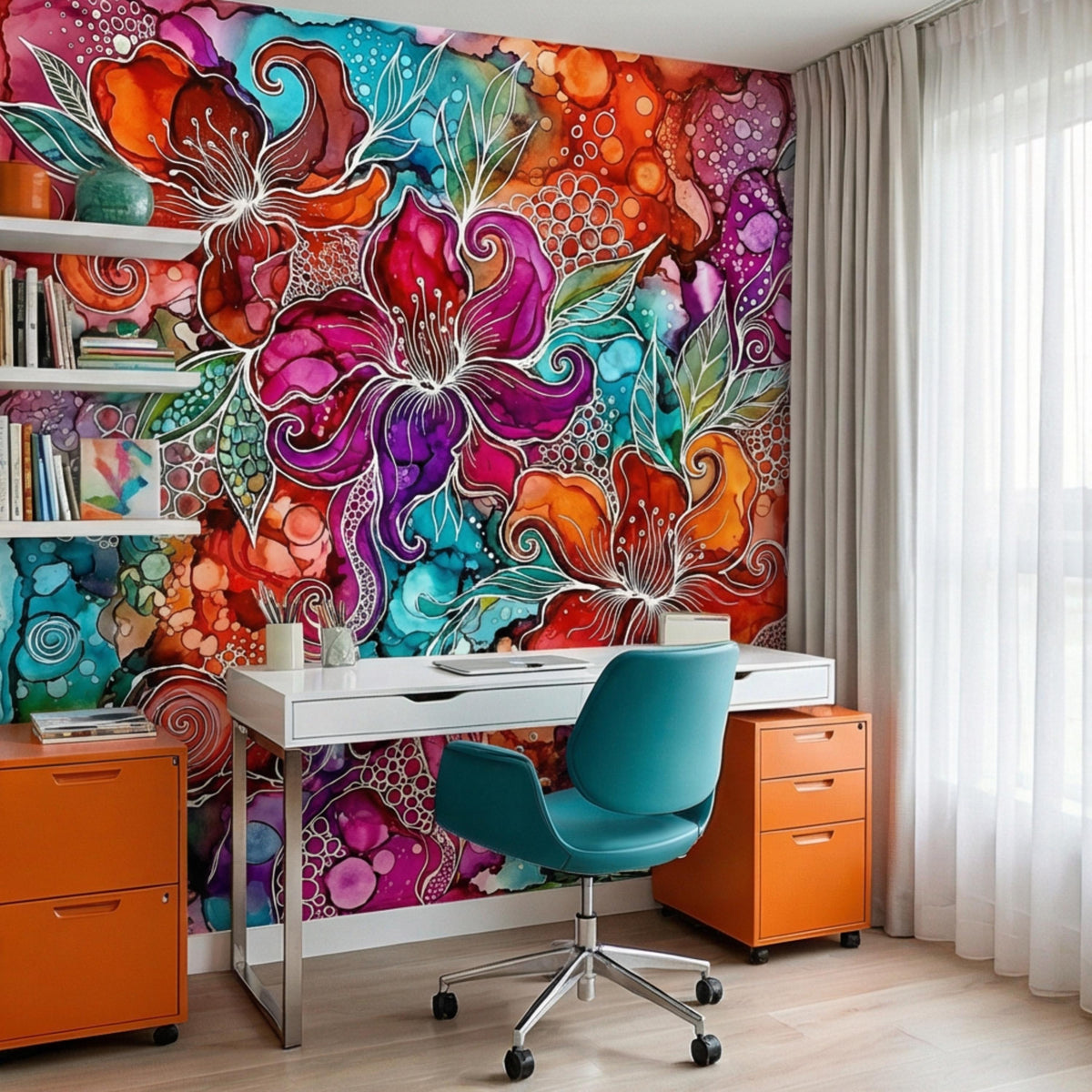 Colorful abstract floral wall mural with bright watercolor blossoms behind a desk