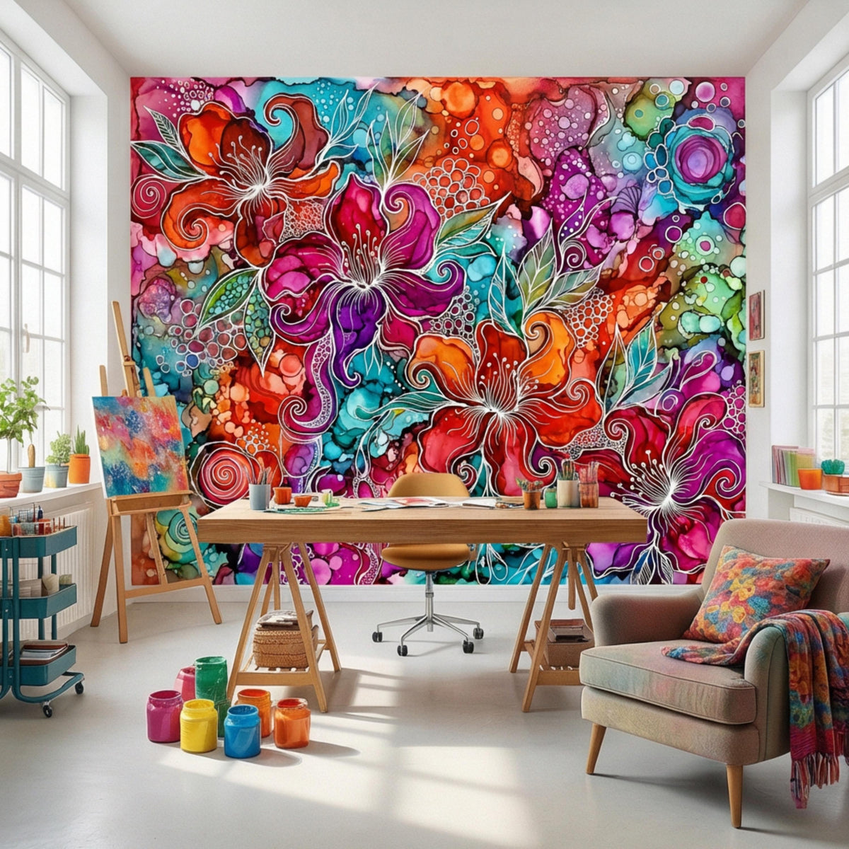 Colorful abstract floral wall mural with purple, teal, and orange flowers on full wall