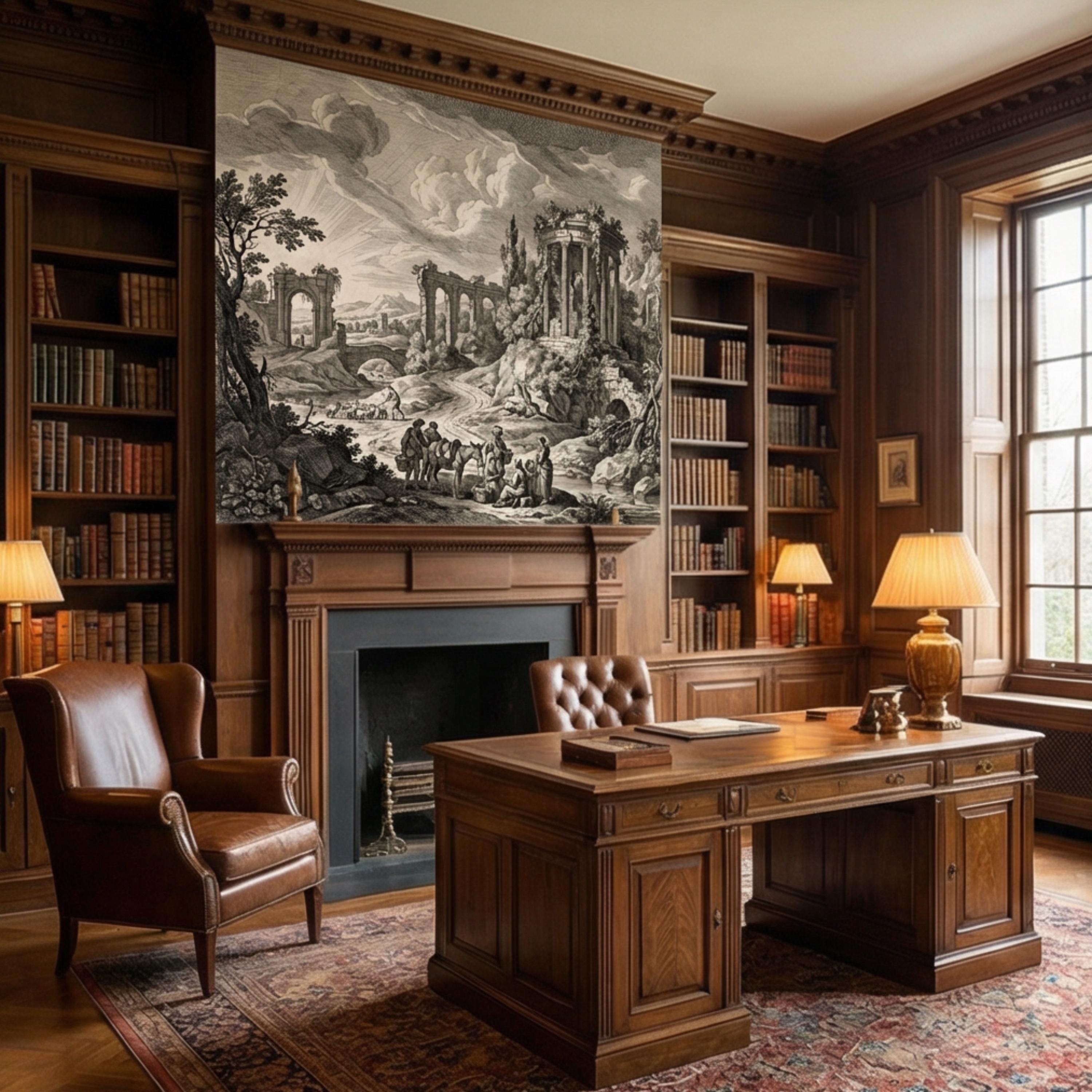 Vintage Roman Ruins Engraving Peel and Stick Wall Mural, Antique Classical Landscape with Temple and Arches, Old World Etching Wallpaper