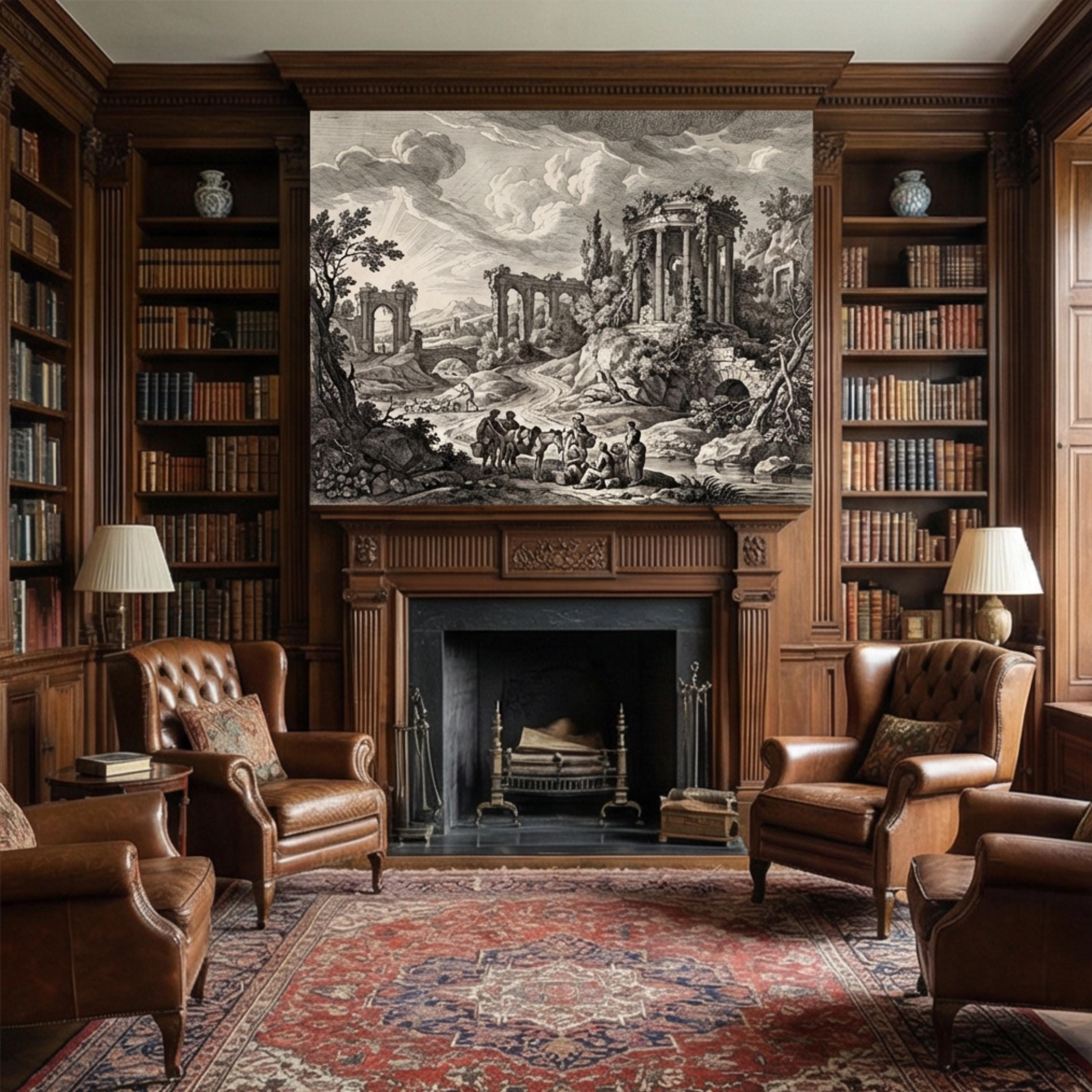 Vintage Roman Ruins Engraving Peel and Stick Wall Mural, Antique Classical Landscape with Temple and Arches, Old World Etching Wallpaper