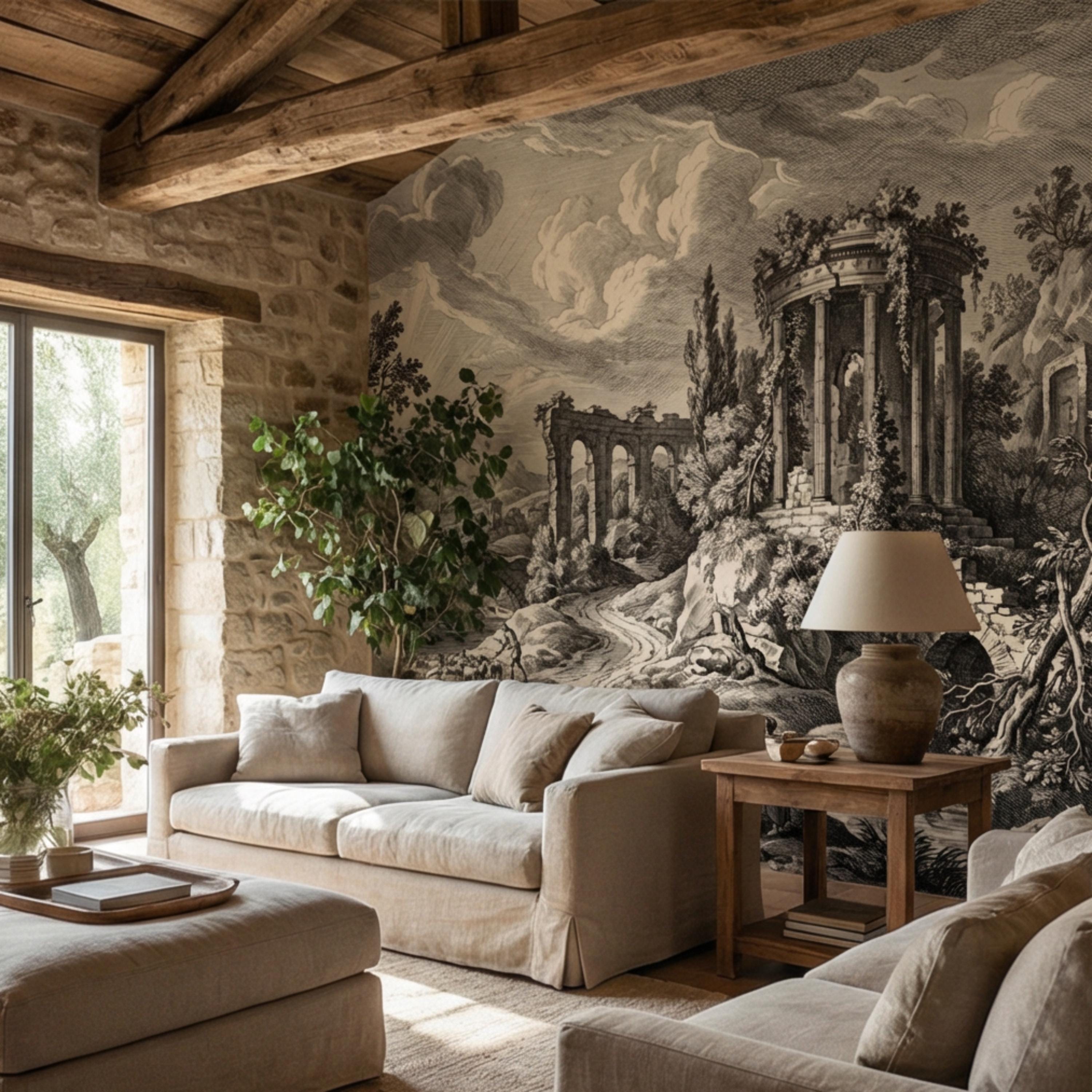Vintage Roman Ruins Engraving Peel and Stick Wall Mural, Antique Classical Landscape with Temple and Arches, Old World Etching Wallpaper