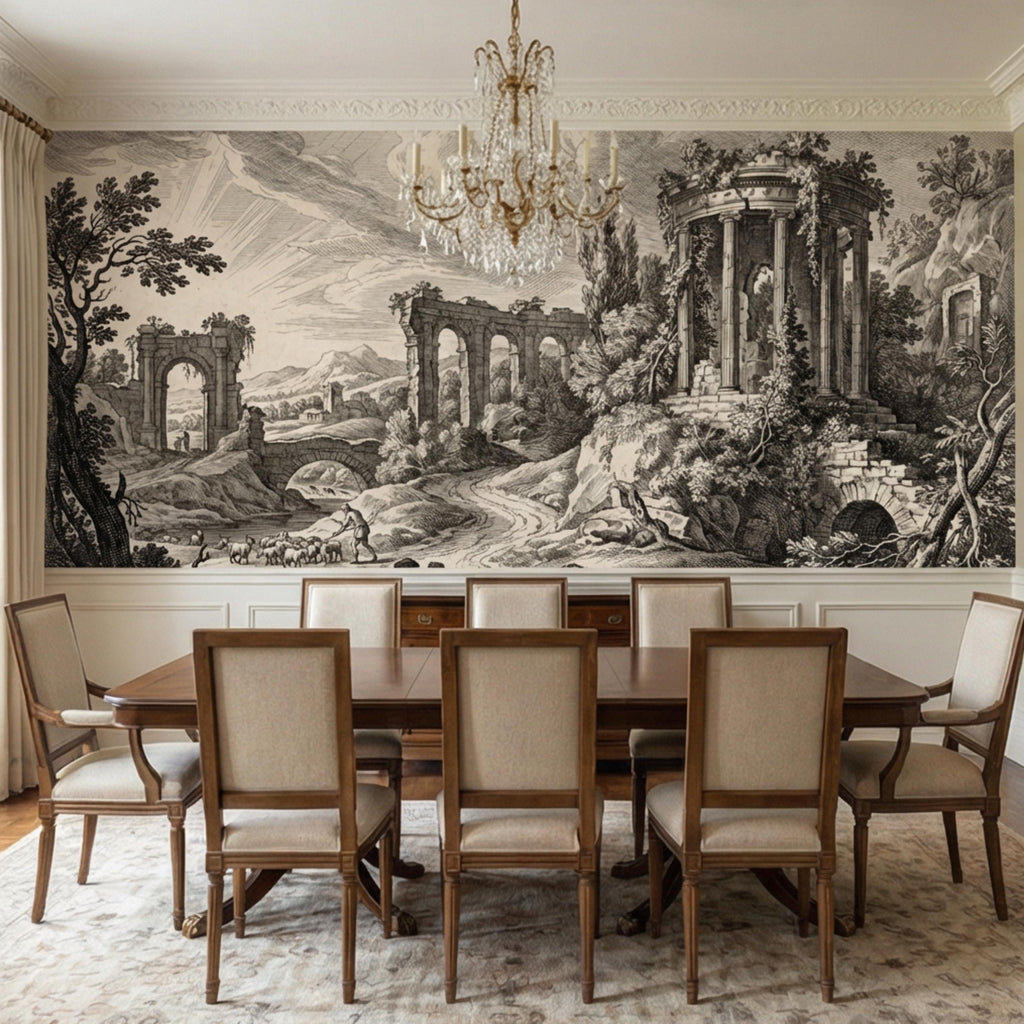 Vintage Roman Ruins Engraving Peel and Stick Wall Mural, Antique Classical Landscape with Temple and Arches, Old World Etching Wallpaper