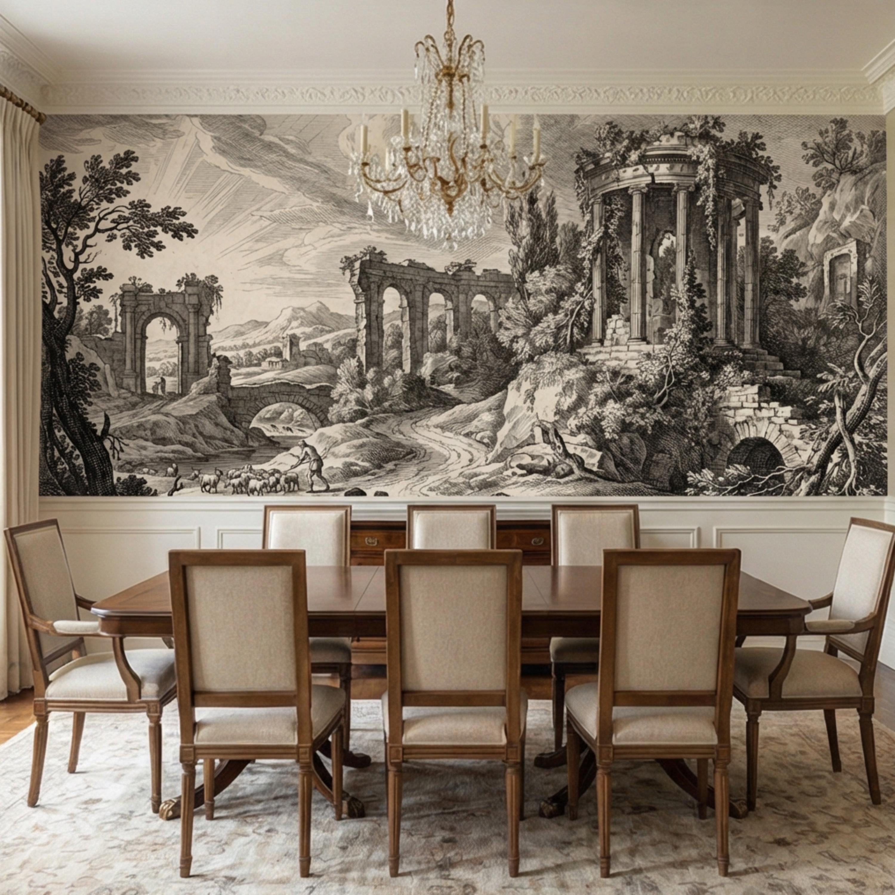Vintage Roman Ruins Engraving Peel and Stick Wall Mural, Antique Classical Landscape with Temple and Arches, Old World Etching Wallpaper