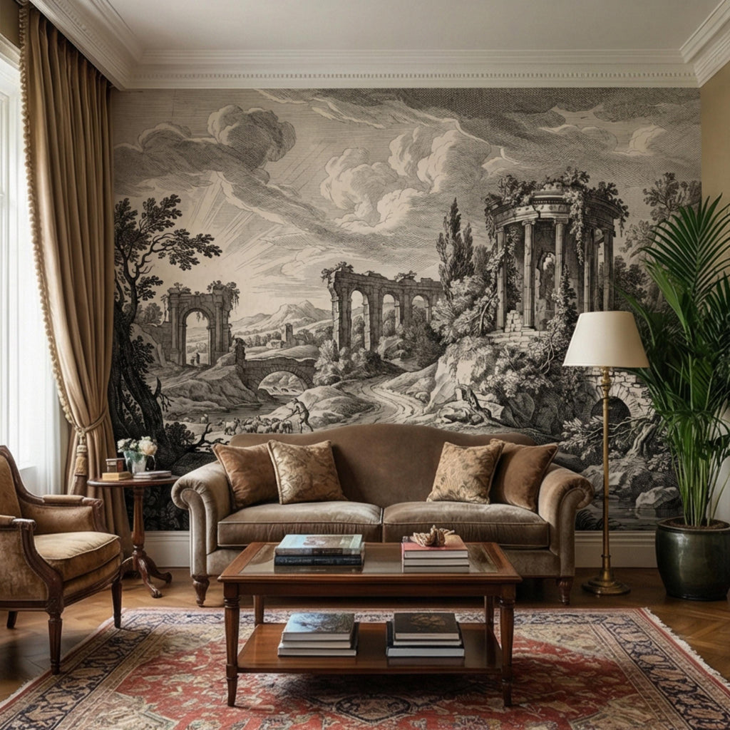 Vintage Roman Ruins Engraving Peel and Stick Wall Mural, Antique Classical Landscape with Temple and Arches, Old World Etching Wallpaper