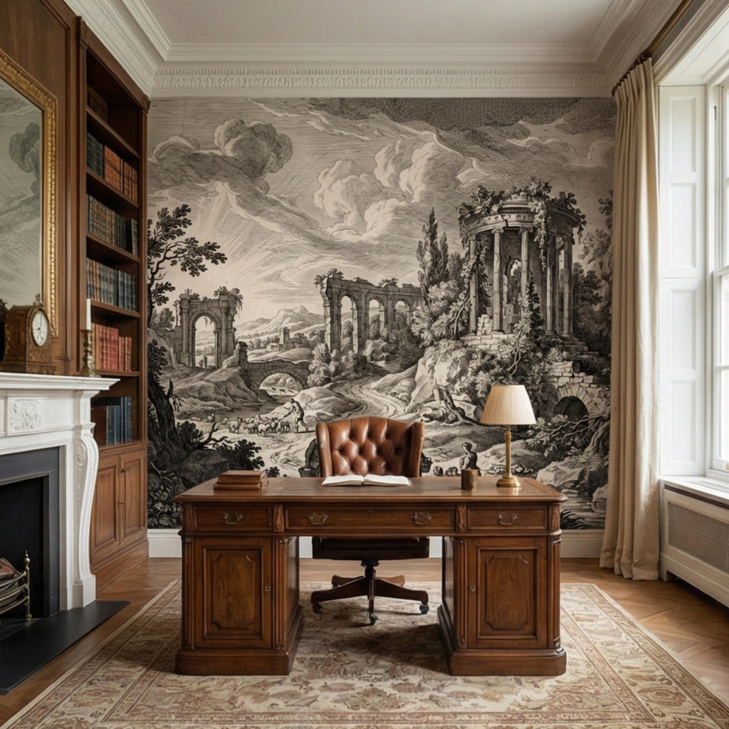 Vintage Roman Ruins Engraving Peel and Stick Wall Mural, Antique Classical Landscape with Temple and Arches, Old World Etching Wallpaper
